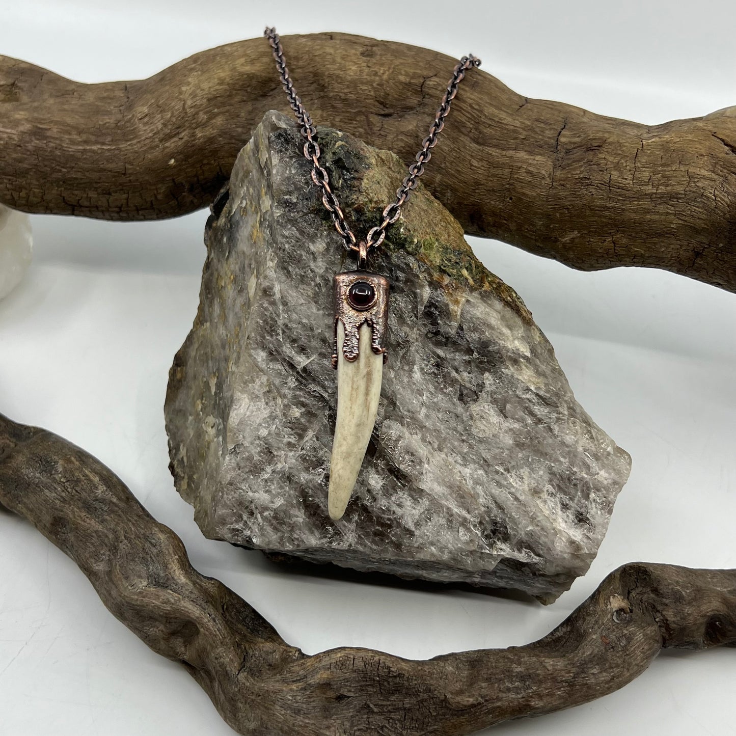 Antler Tip Necklace with Garnet Accent- Copper Electroformed