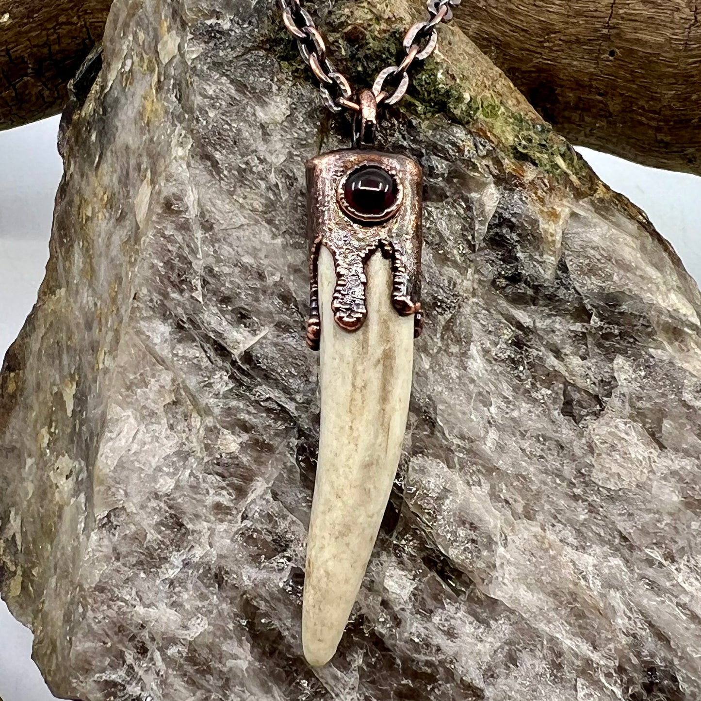 Antler Tip Necklace with Garnet Accent- Copper Electroformed