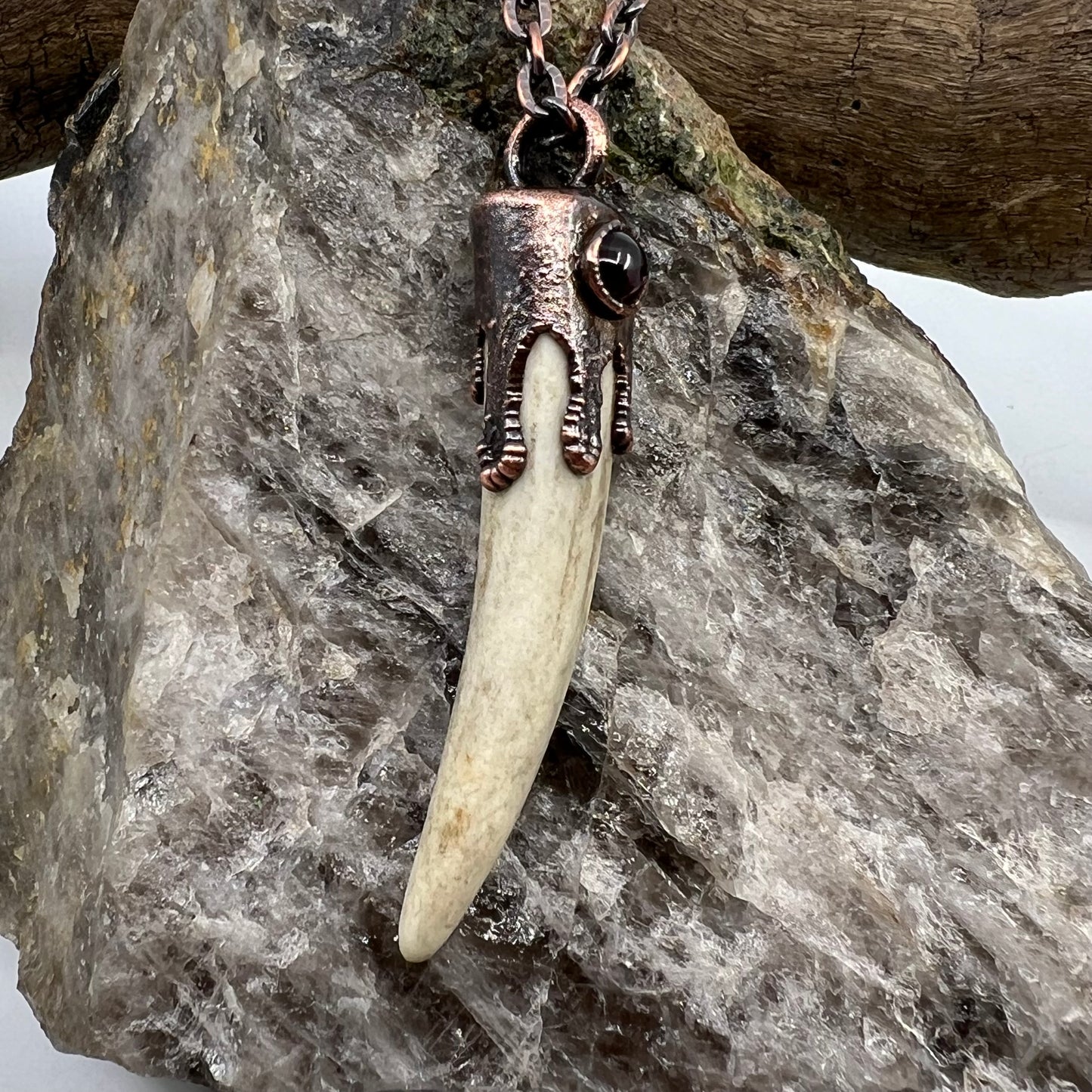 Antler Tip Necklace with Garnet Accent- Copper Electroformed