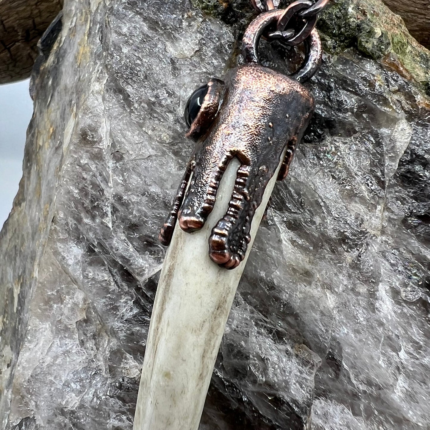 Antler Tip Necklace with Garnet Accent- Copper Electroformed