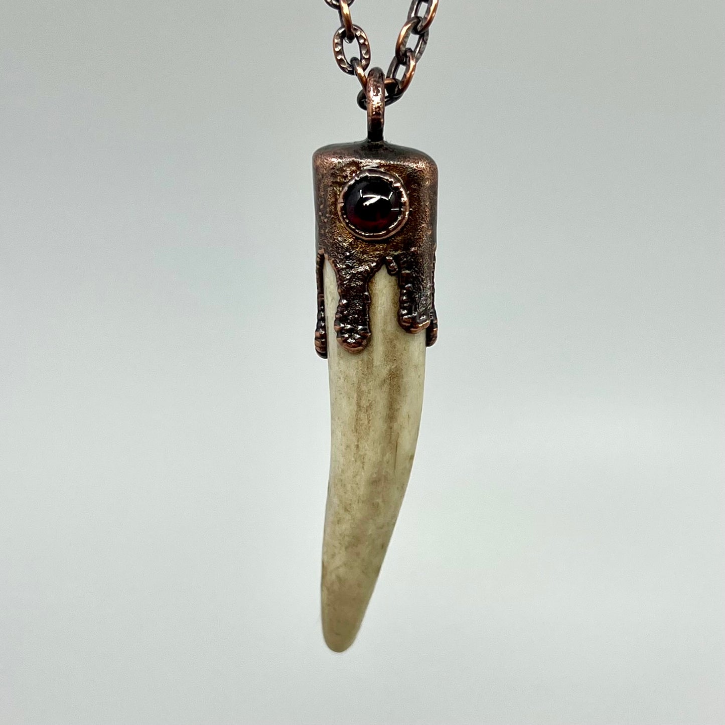 Antler Tip Necklace with Garnet Accent- Copper Electroformed