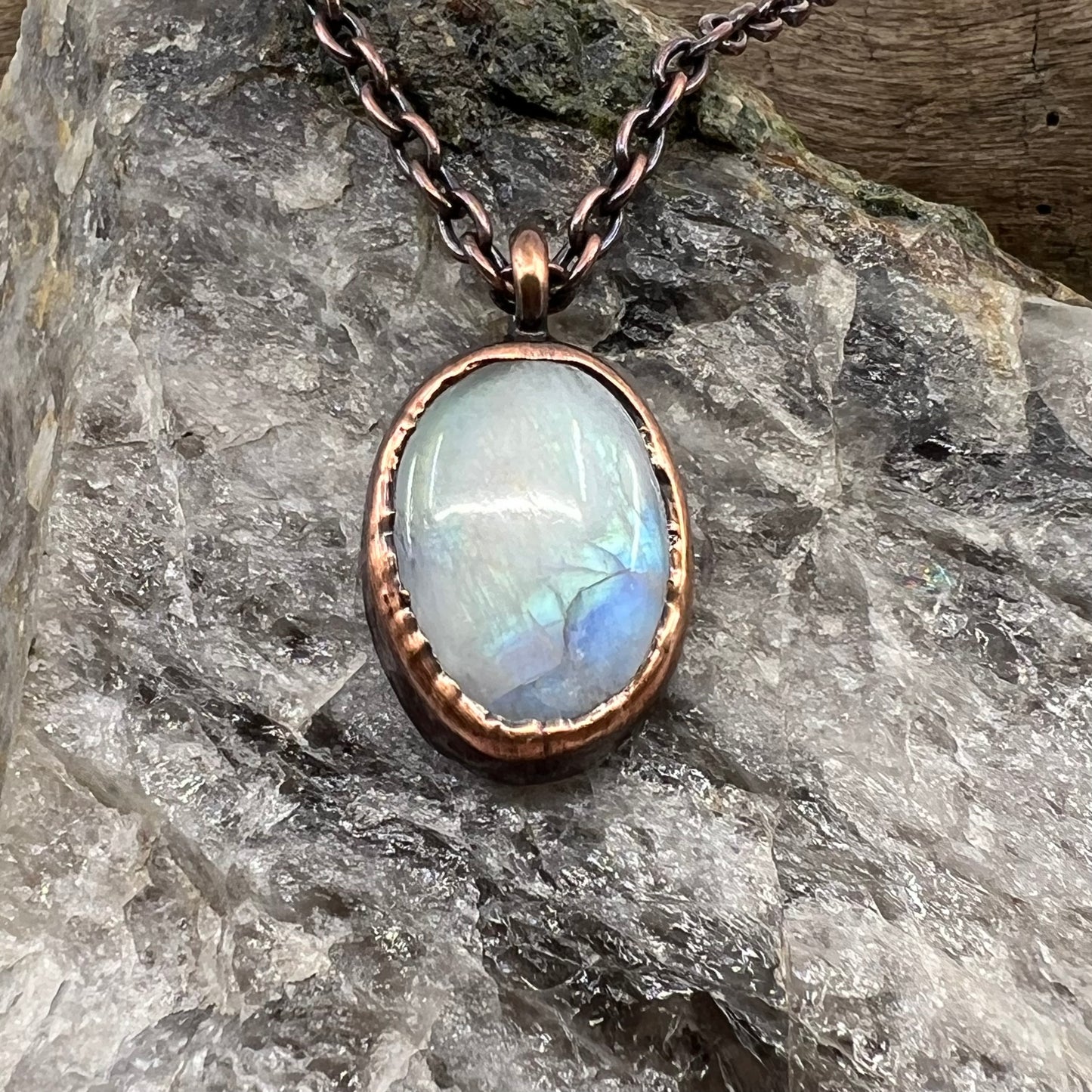 Rainbow Moonstone Necklace - Copper Electroformed