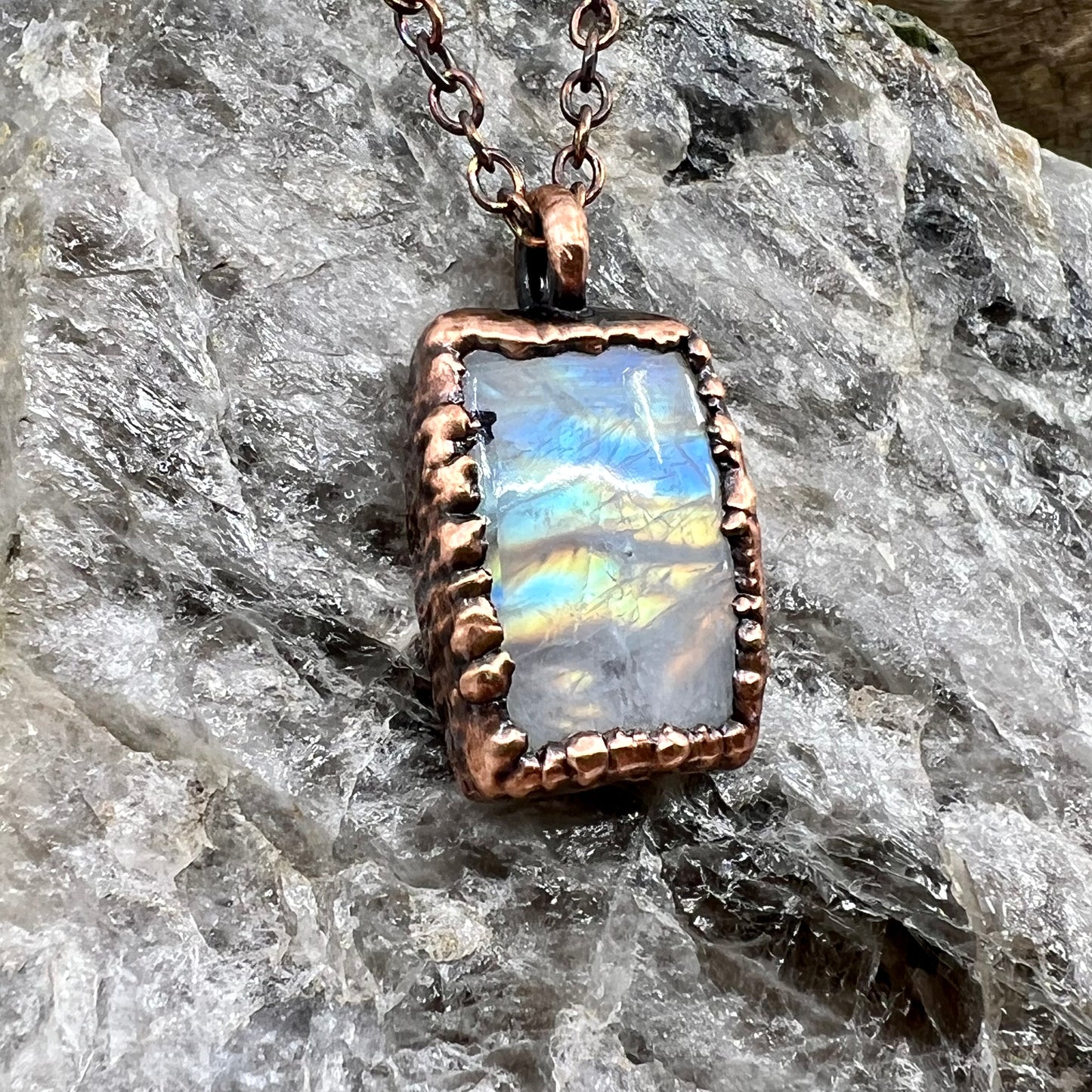 Rainbow Moonstone Necklace - Copper Electroformed