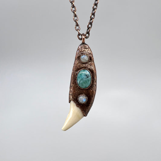 Black Bear Tooth with Larimar and Rainbow Moonstone - Copper Electroformed Necklace