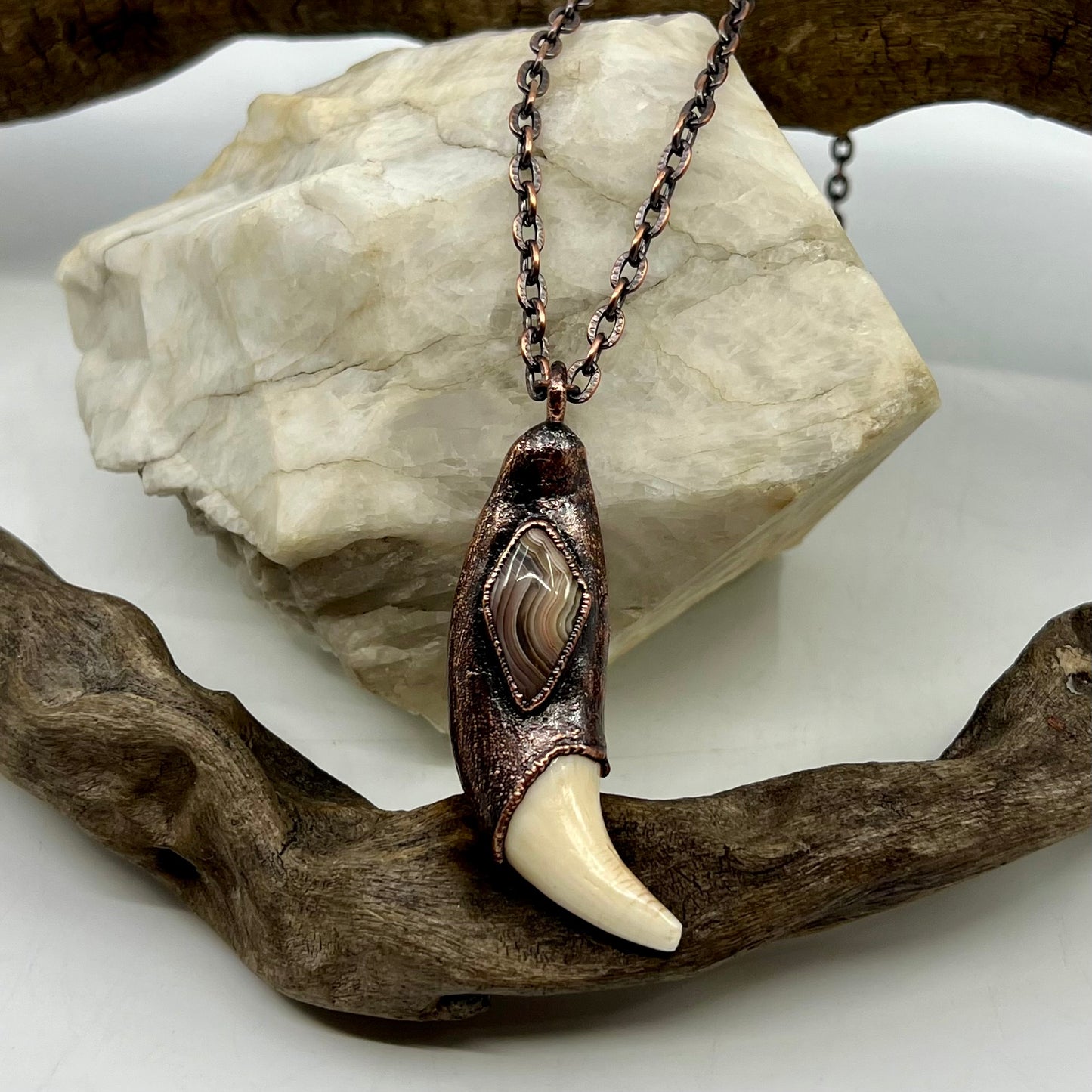 Black Bear Tooth with Banded Agate Accent - Copper Electroformed Necklace