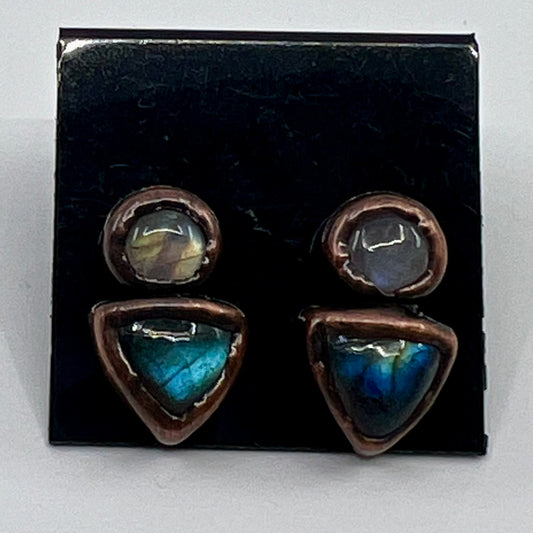 Labradorite and Moonstone Stud Earrings, Antique Finish - Copper Electroformed