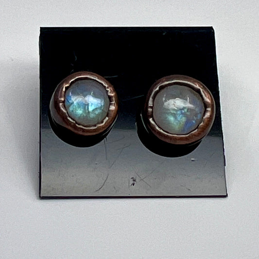 Moonstone Stud Earrings, Antique Finish - Copper Electroformed