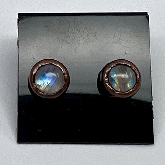 Moonstone Stud Earrings, Antique Finish - Copper Electroformed