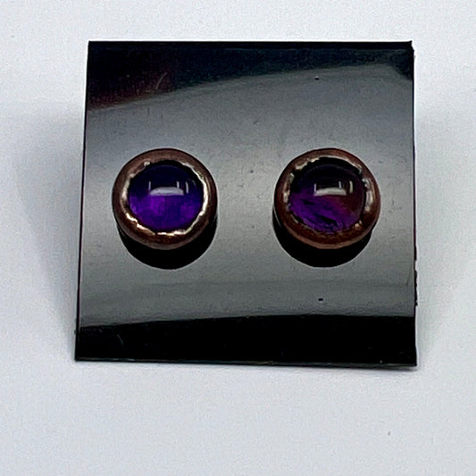 Amethyst Stud Earrings, Antique Finish - Copper Electroformed