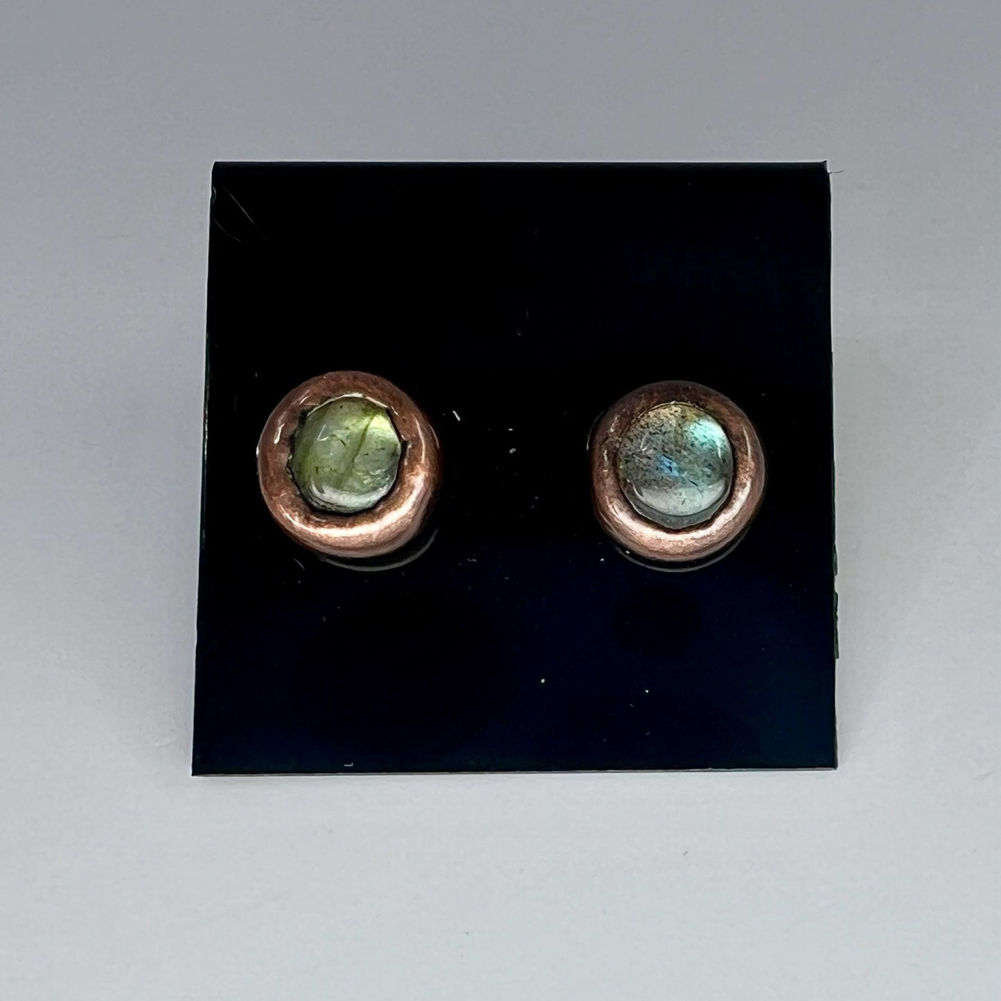 Labradorite Stud Earrings, Antique Finish - Copper Electroformed