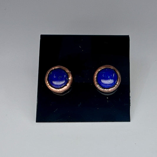 Lapis Lazuli Stud Earrings, Antique Finish - Copper Electroformed