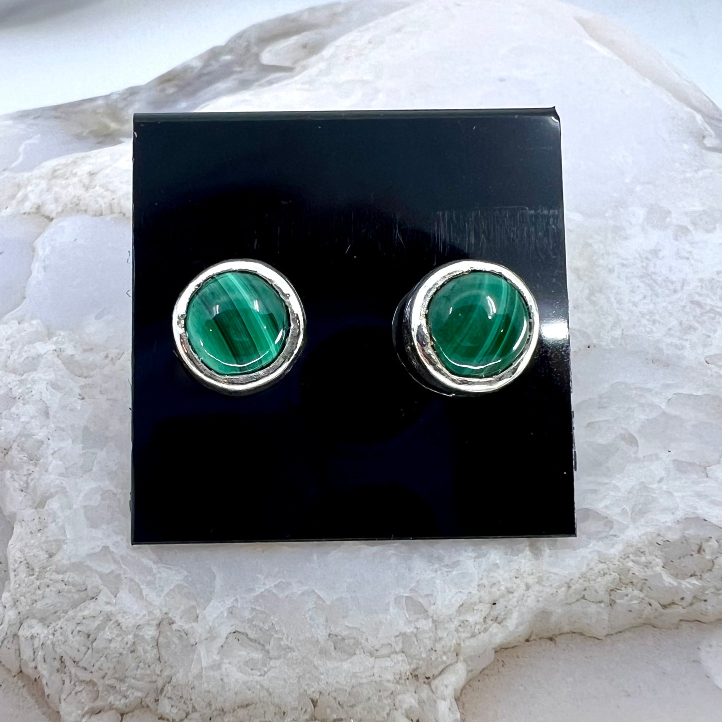 Malachite Stud Earrings, Silver Plated - Copper Electroformed