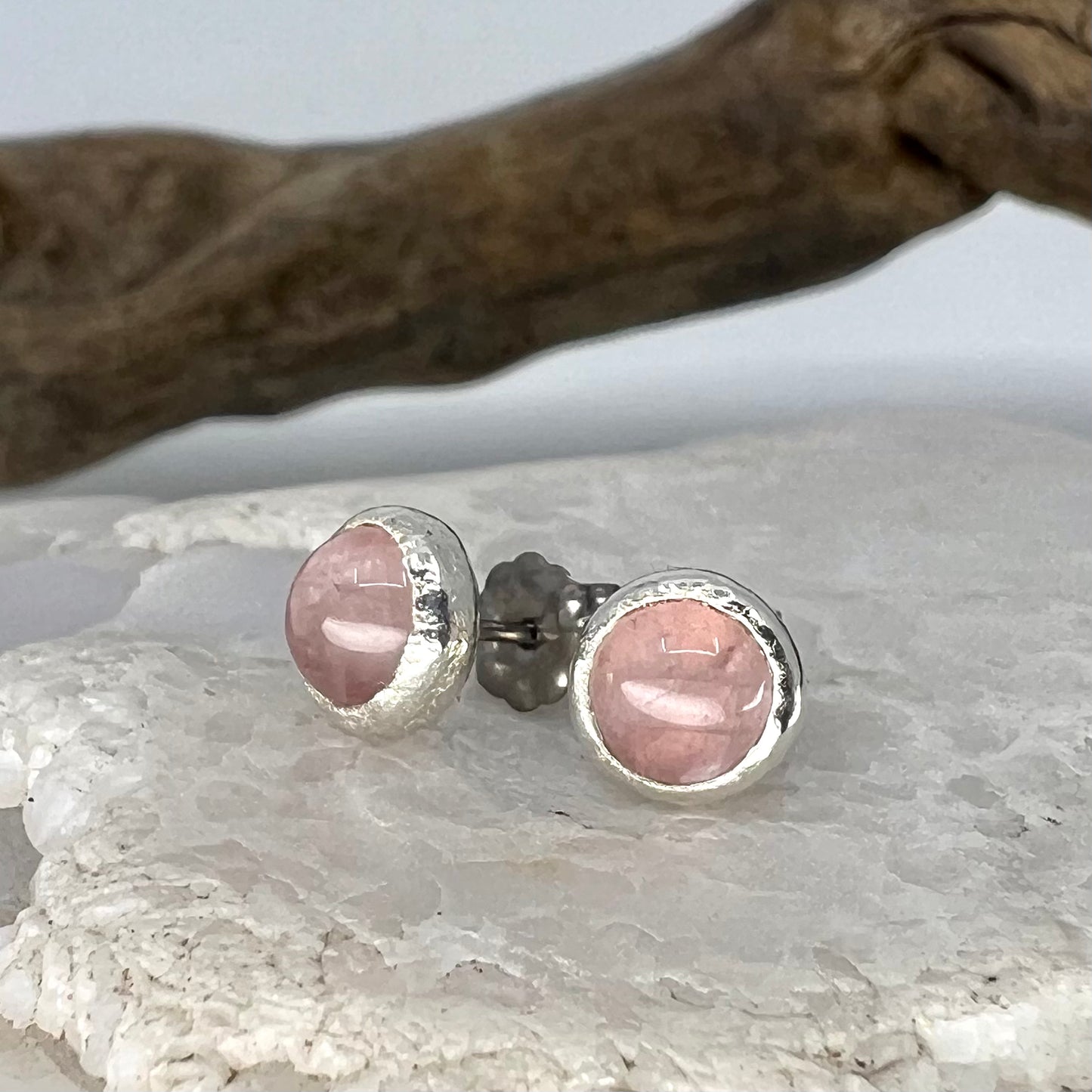 Rose Quartz Stud Earrings, Silver Plated - Copper Electroformed