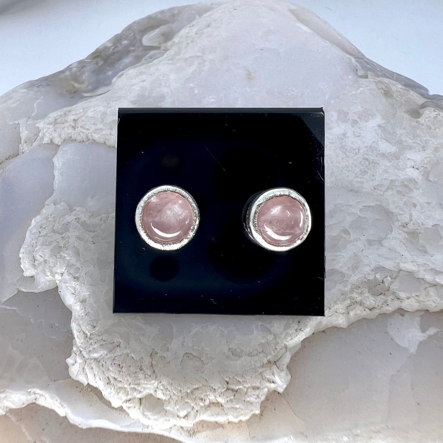 Rose Quartz Stud Earrings, Silver Plated - Copper Electroformed