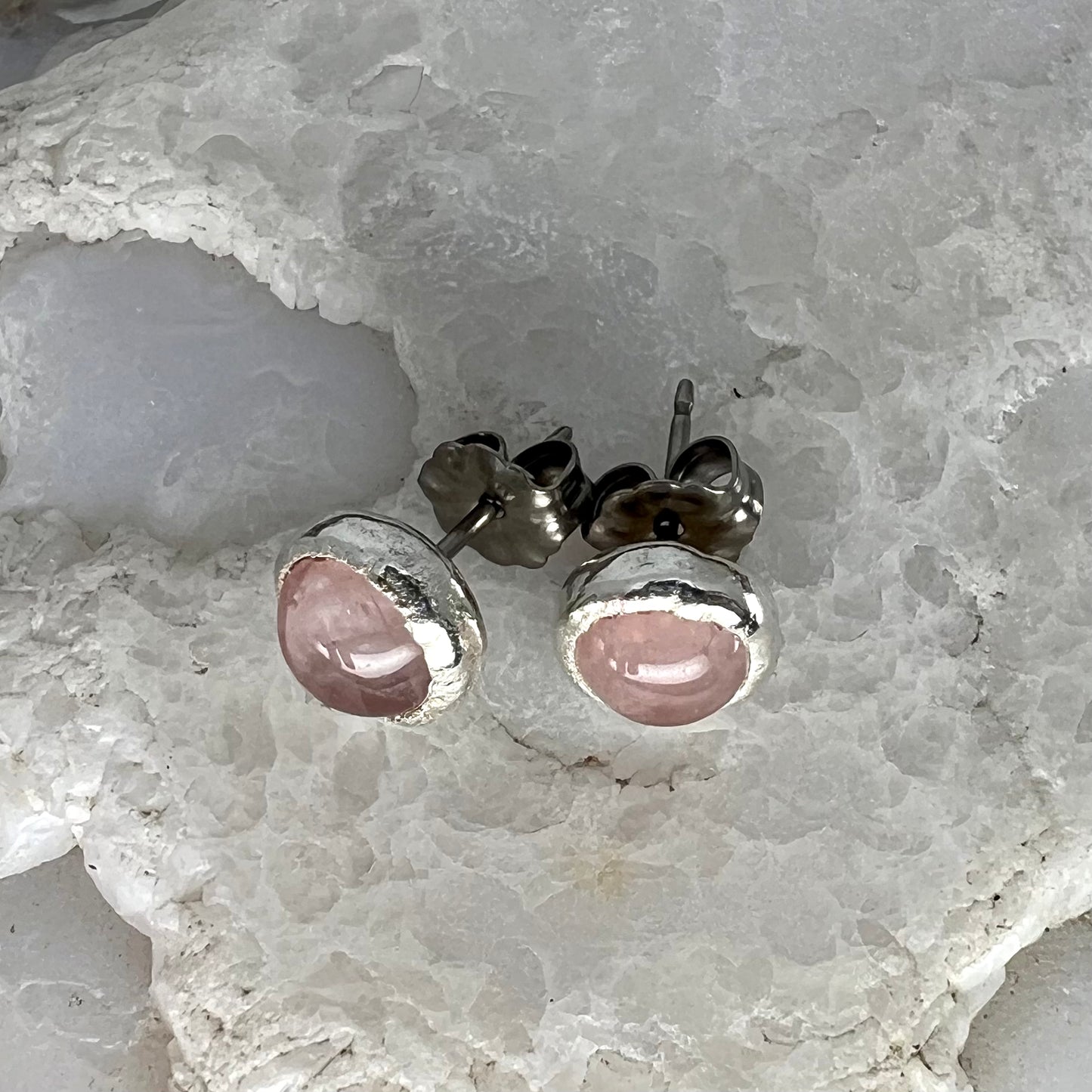 Rose Quartz Stud Earrings, Silver Plated - Copper Electroformed