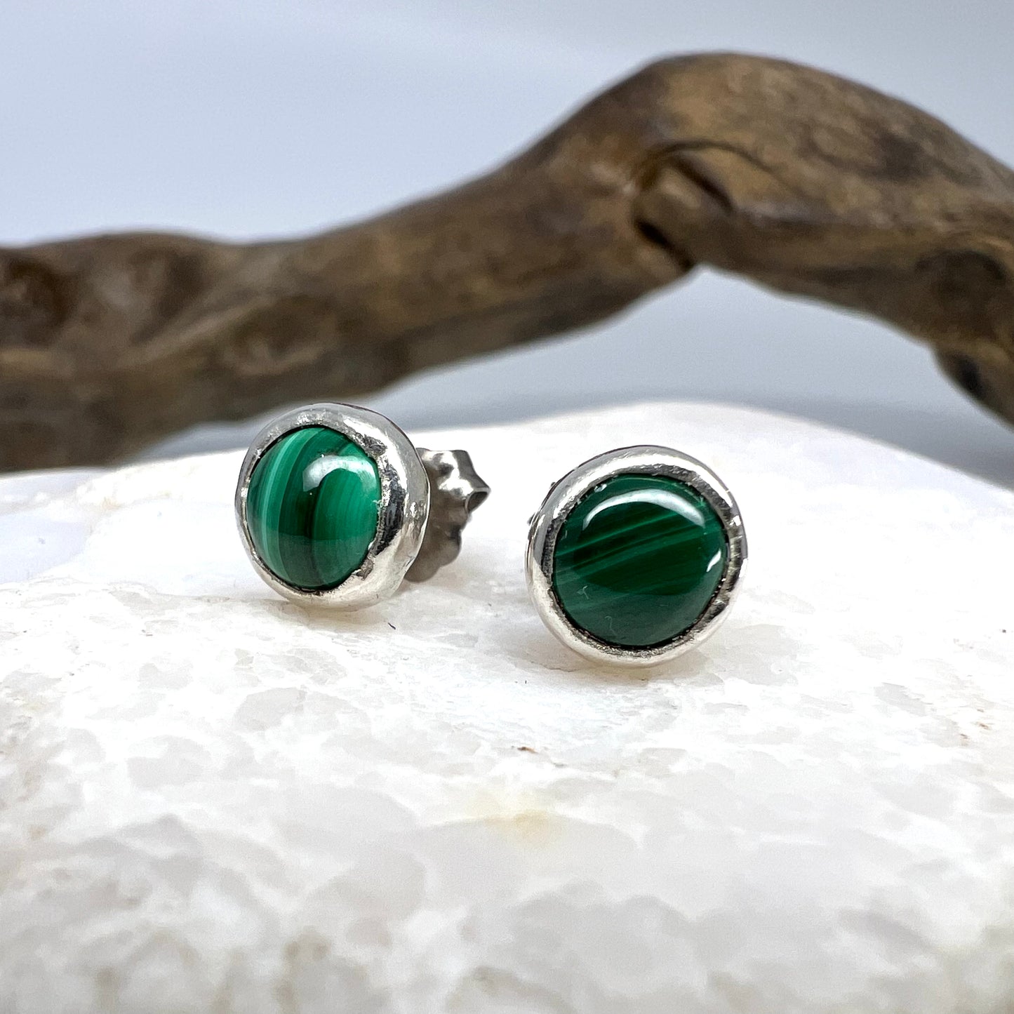 Malachite Stud Earrings, Silver Plated - Copper Electroformed