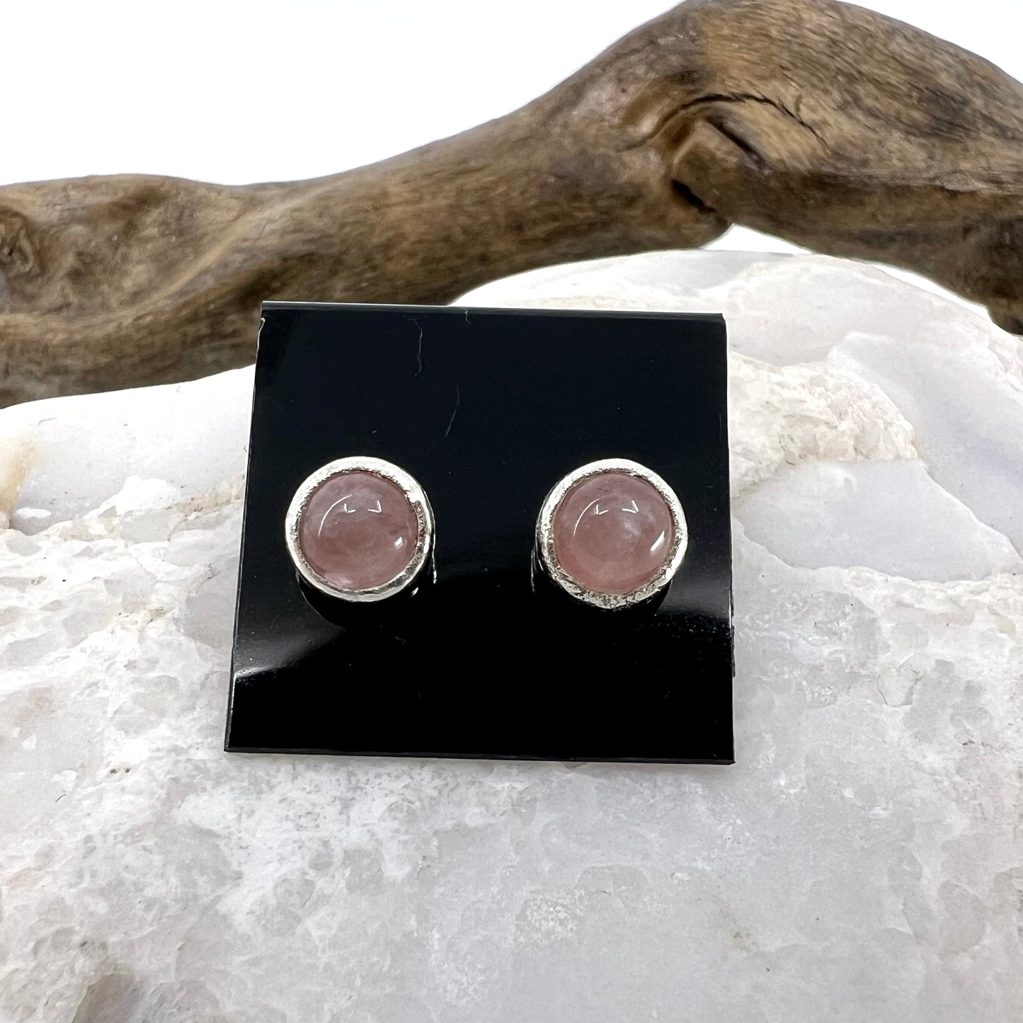 Rose Quartz Stud Earrings, Silver Plated - Copper Electroformed