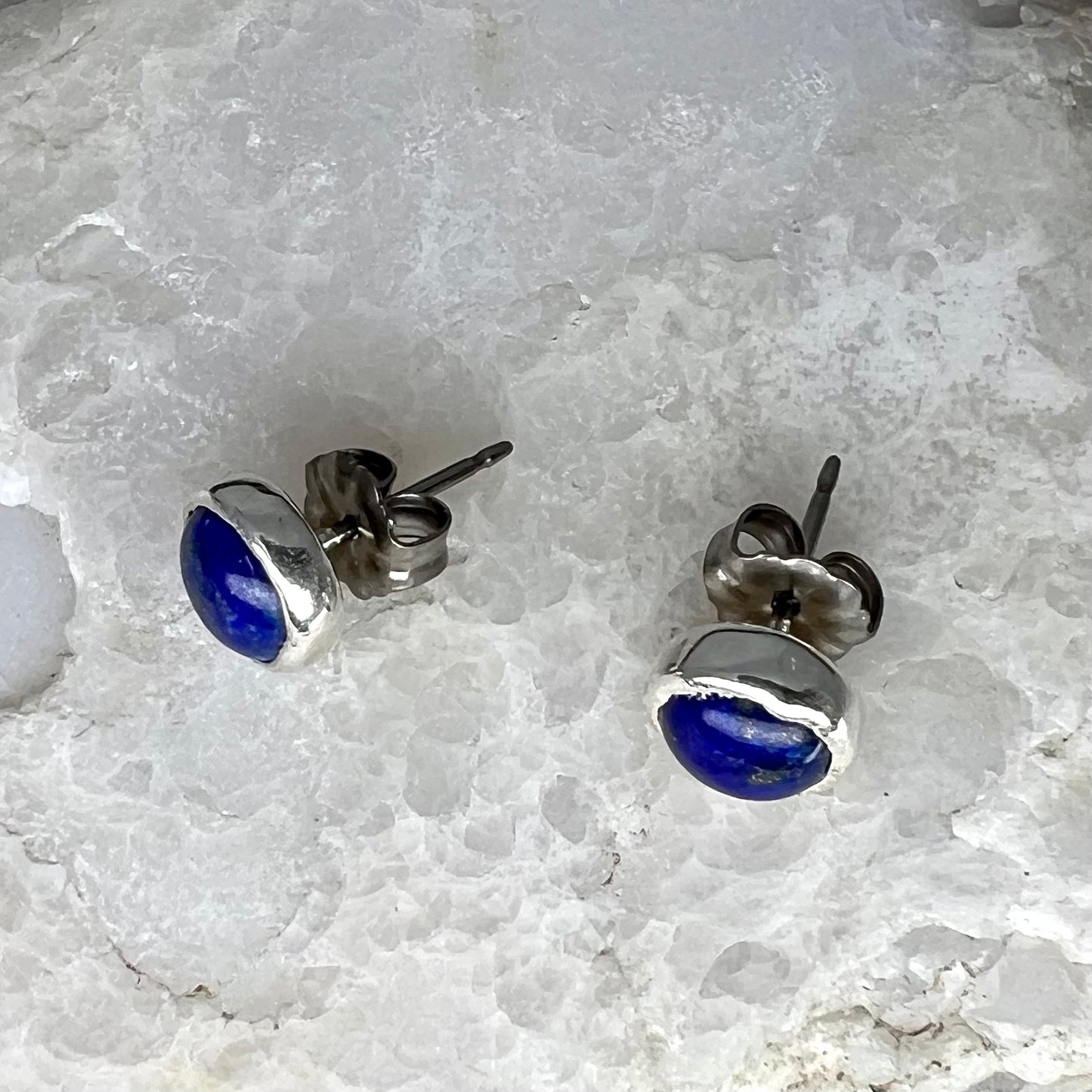 Lapis Lazuli Stud Earrings, Silver Plated - Copper Electroformed