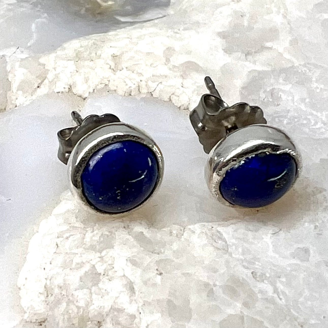 Lapis Lazuli Stud Earrings, Silver Plated - Copper Electroformed