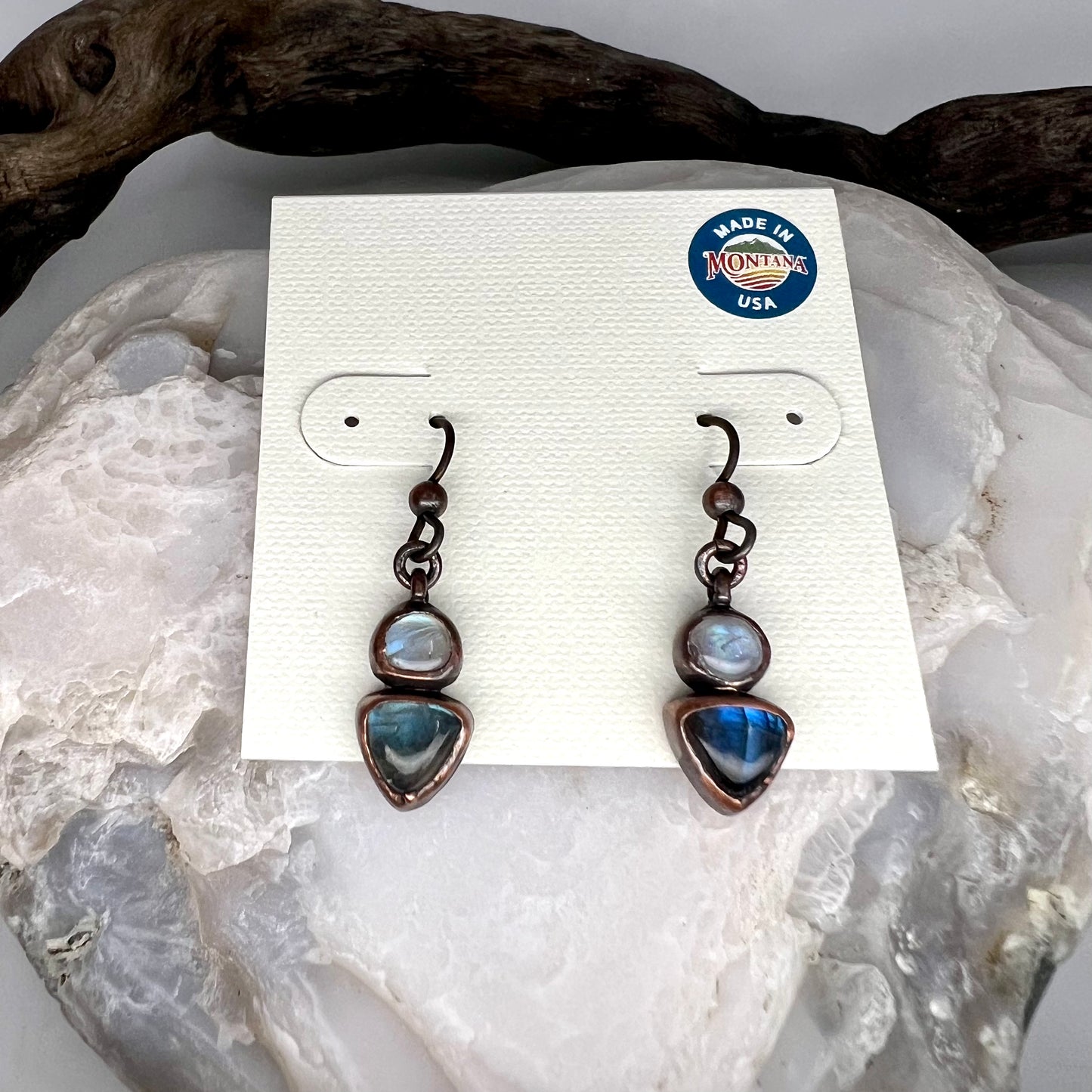 Labradorite & Moonstone Drop Earrings, Antique Finish - Copper Electroformed