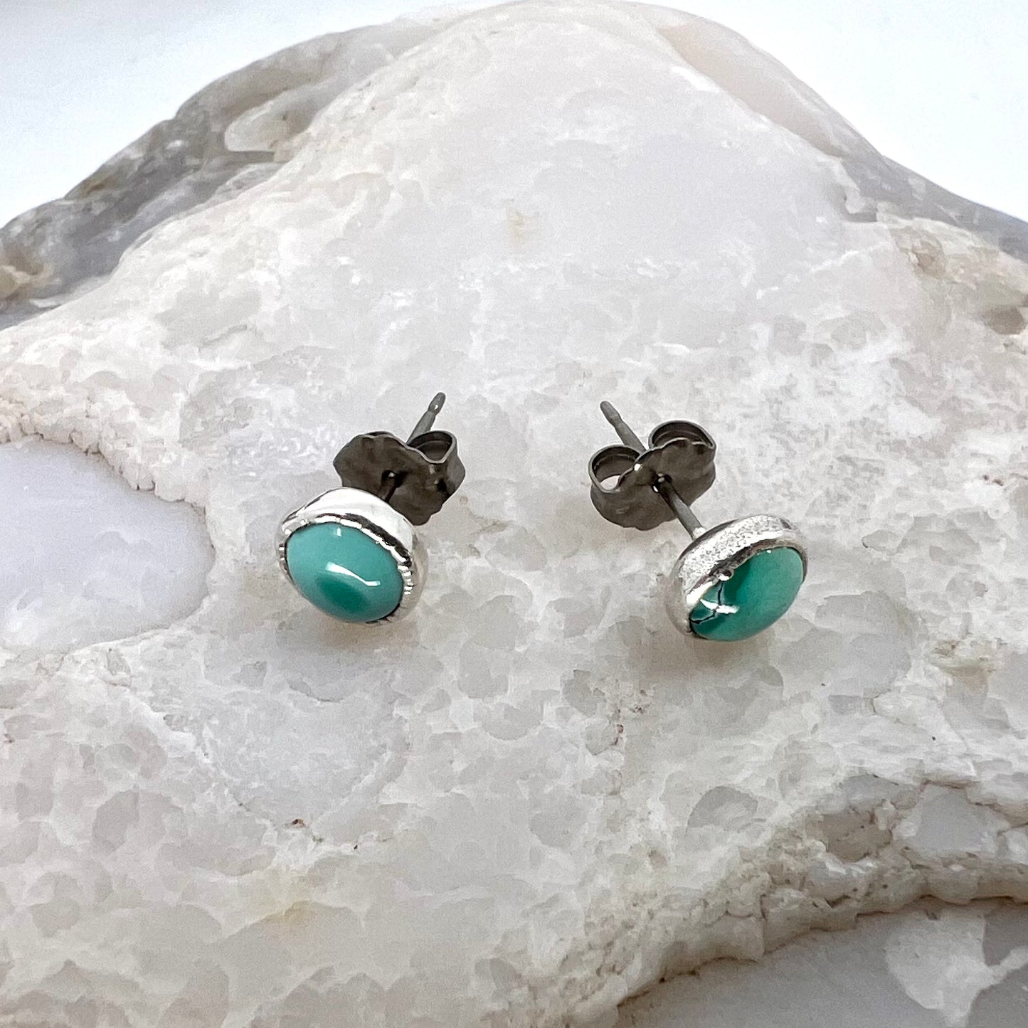 Tibetan Turquoise Stud Earrings, Silver Plated - Copper Electroformed