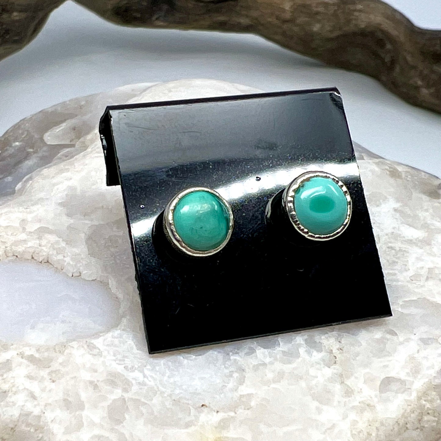 Tibetan Turquoise Stud Earrings, Silver Plated - Copper Electroformed