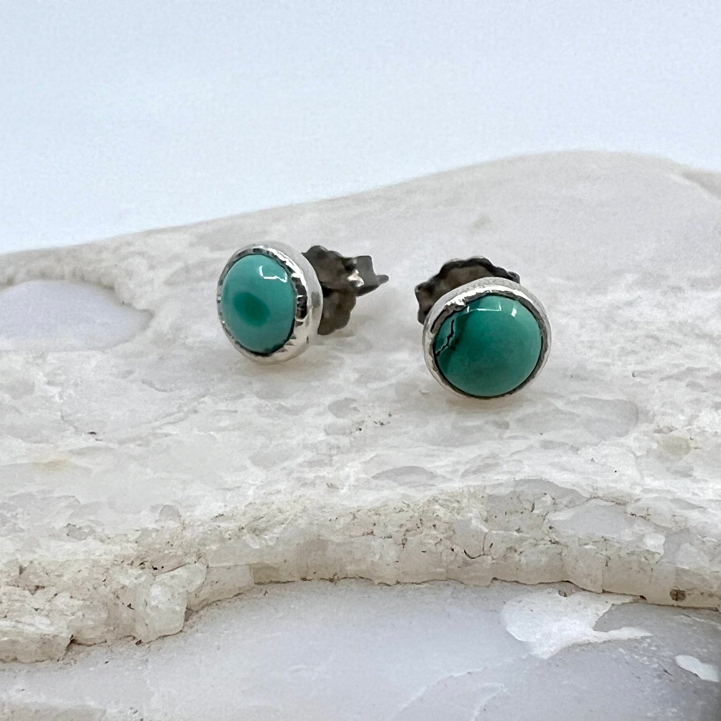 Tibetan Turquoise Stud Earrings, Silver Plated - Copper Electroformed