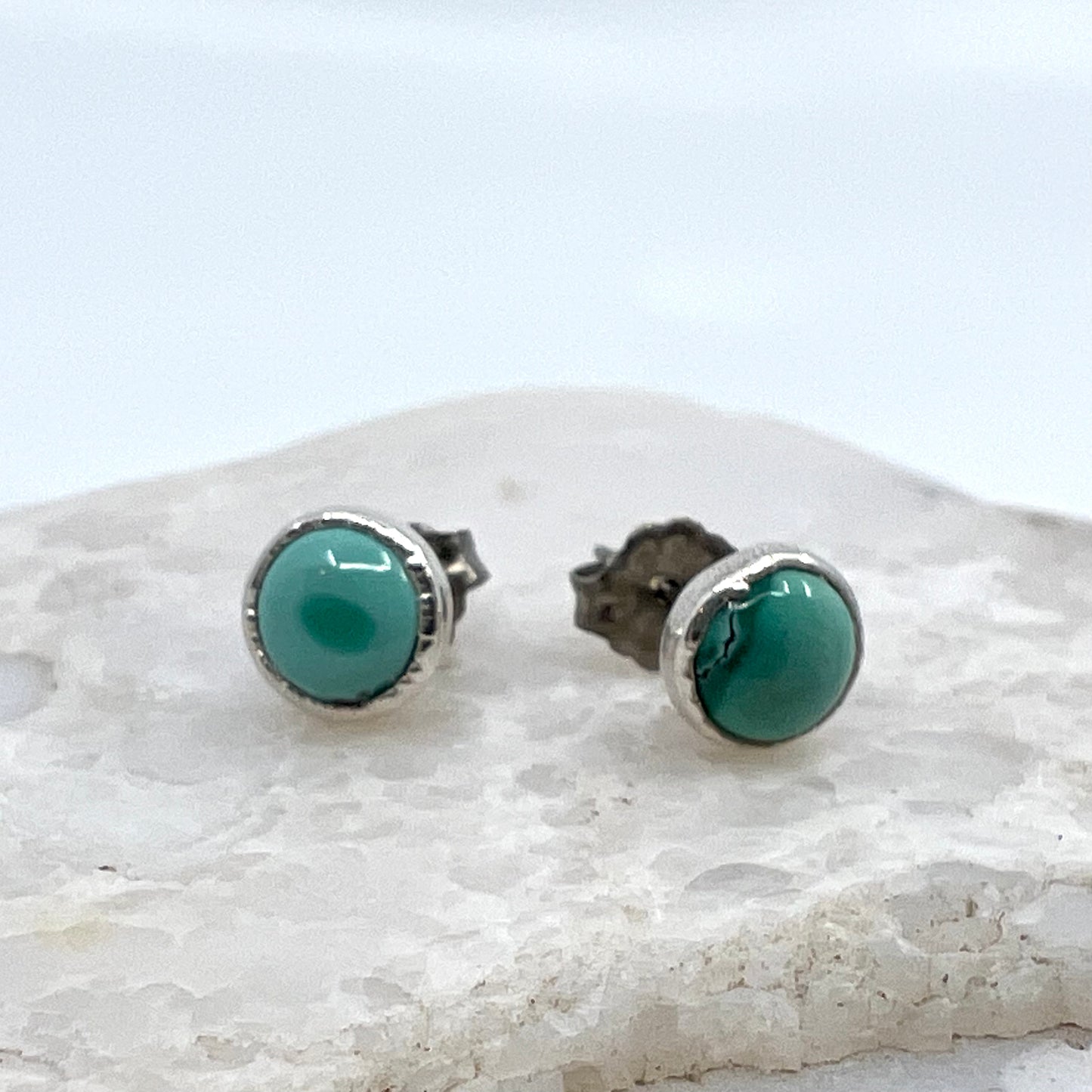 Tibetan Turquoise Stud Earrings, Silver Plated - Copper Electroformed