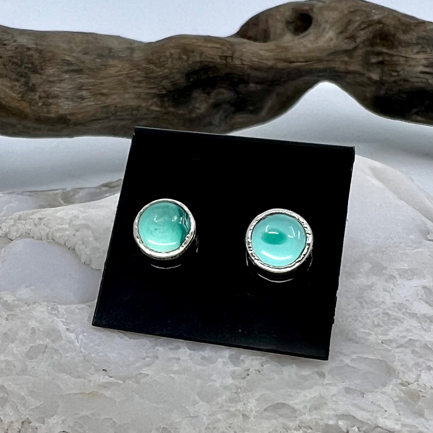 Tibetan Turquoise Stud Earrings, Silver Plated - Copper Electroformed