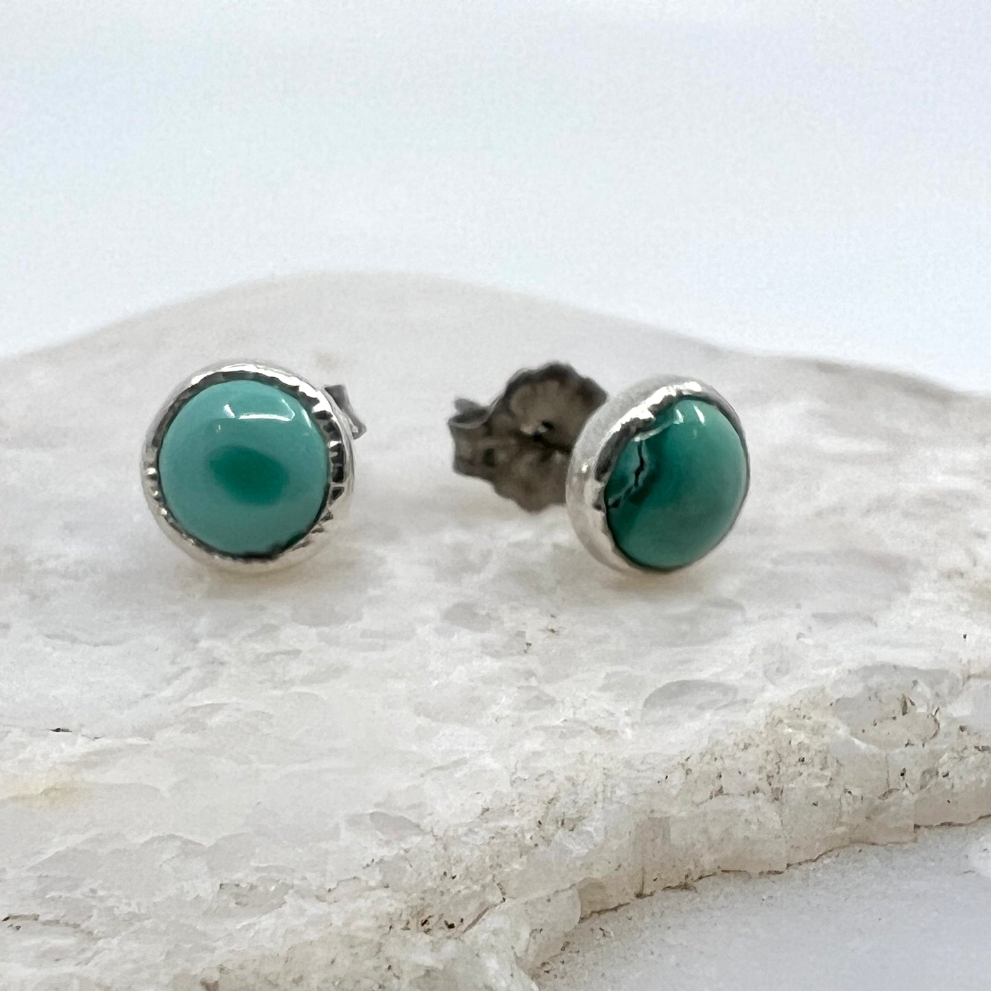 Tibetan Turquoise Stud Earrings, Silver Plated - Copper Electroformed