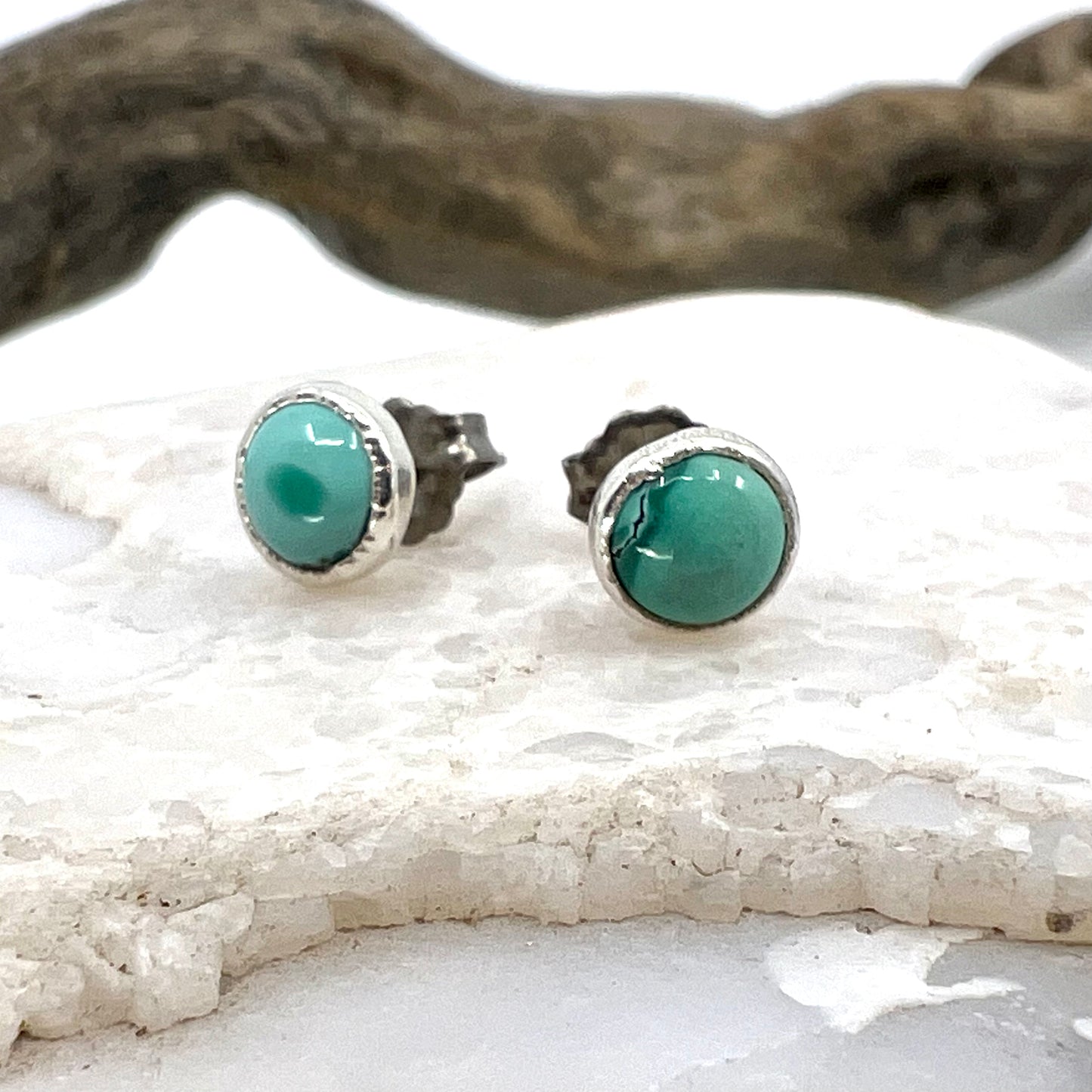 Tibetan Turquoise Stud Earrings, Silver Plated - Copper Electroformed