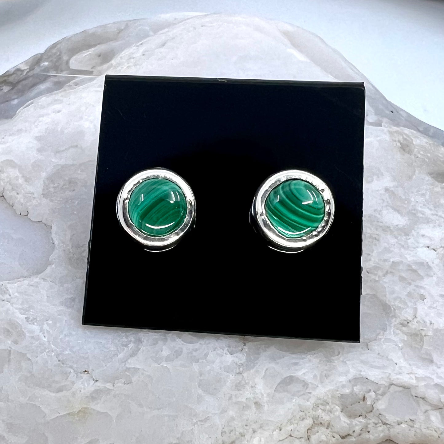 Malachite Stud Earrings, Silver Plated - Copper Electroformed