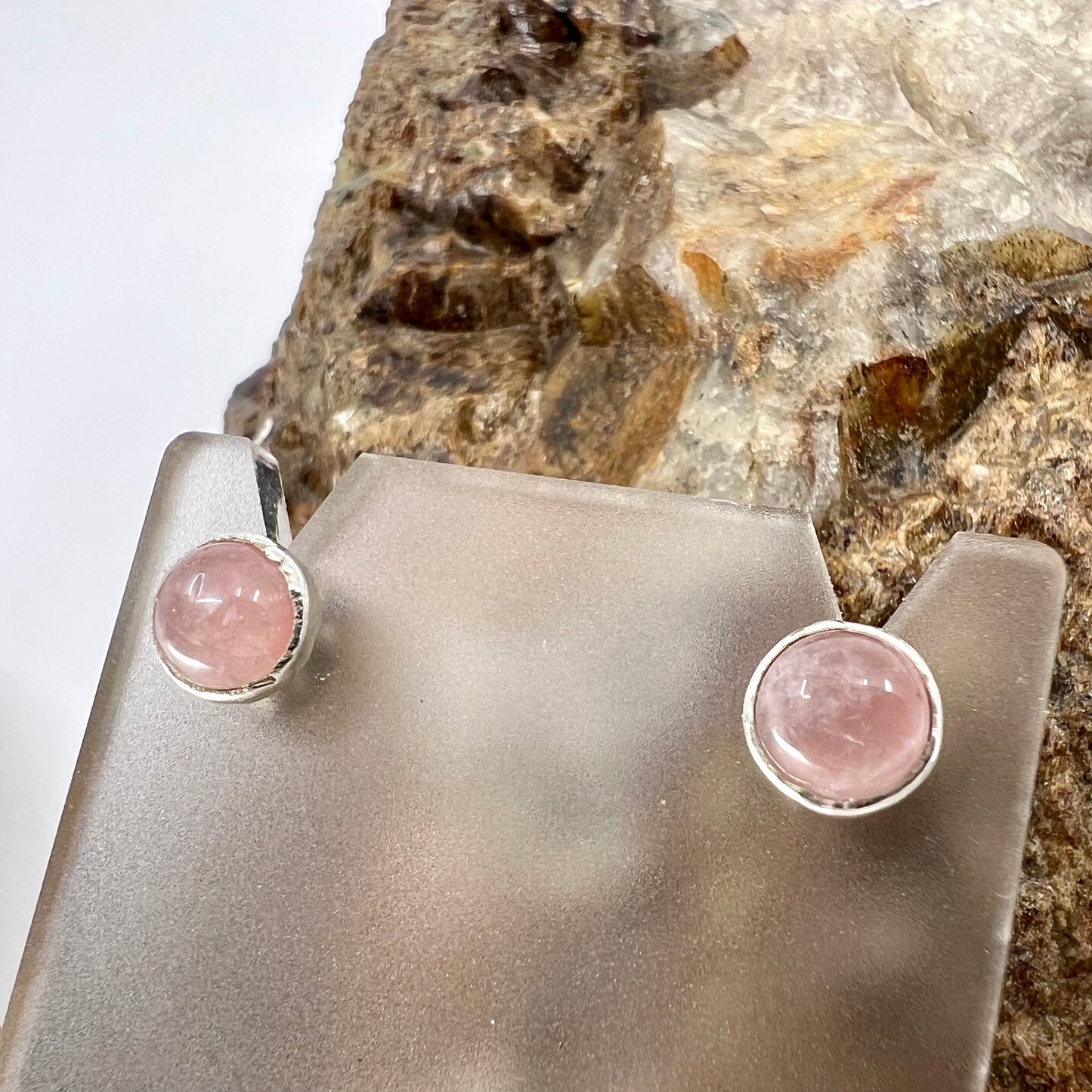 Rose Quartz Stud Earrings, Silver Plated - Copper Electroformed