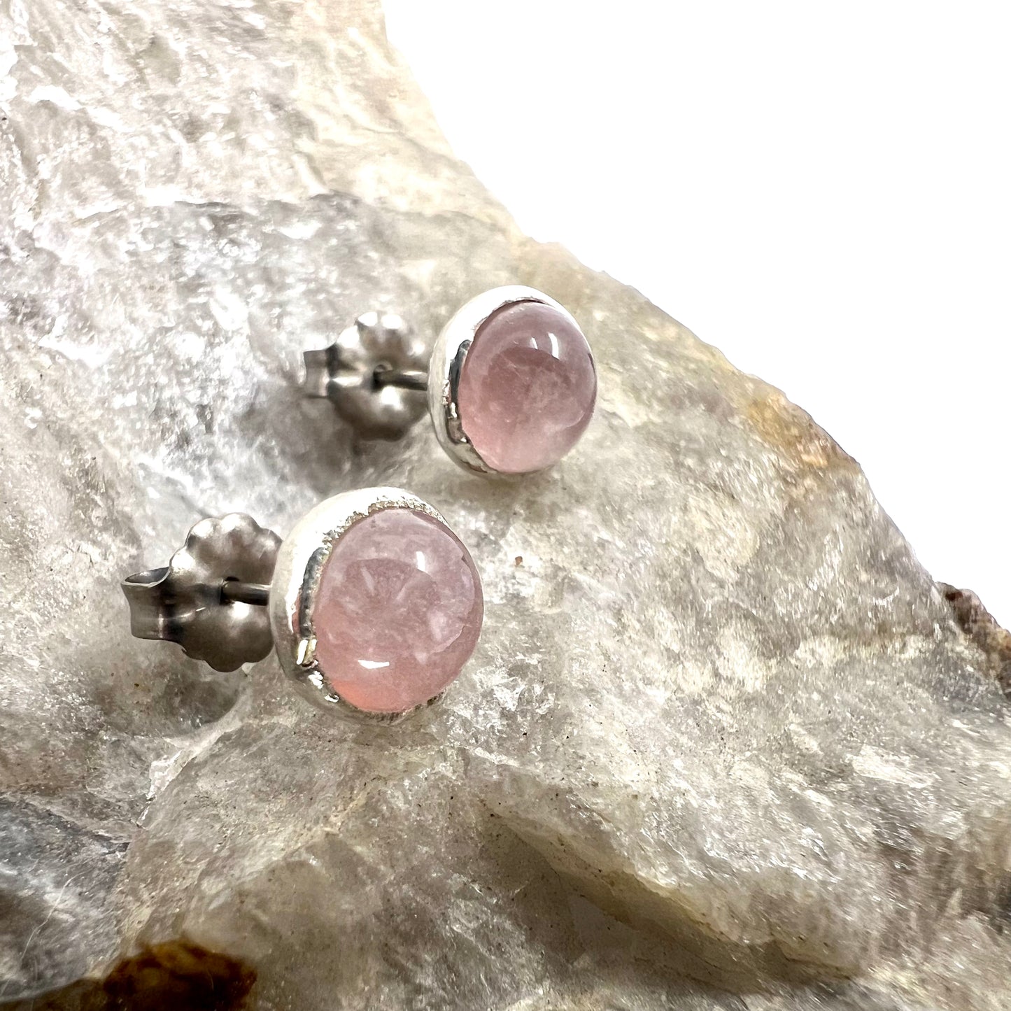 Rose Quartz Stud Earrings, Silver Plated - Copper Electroformed