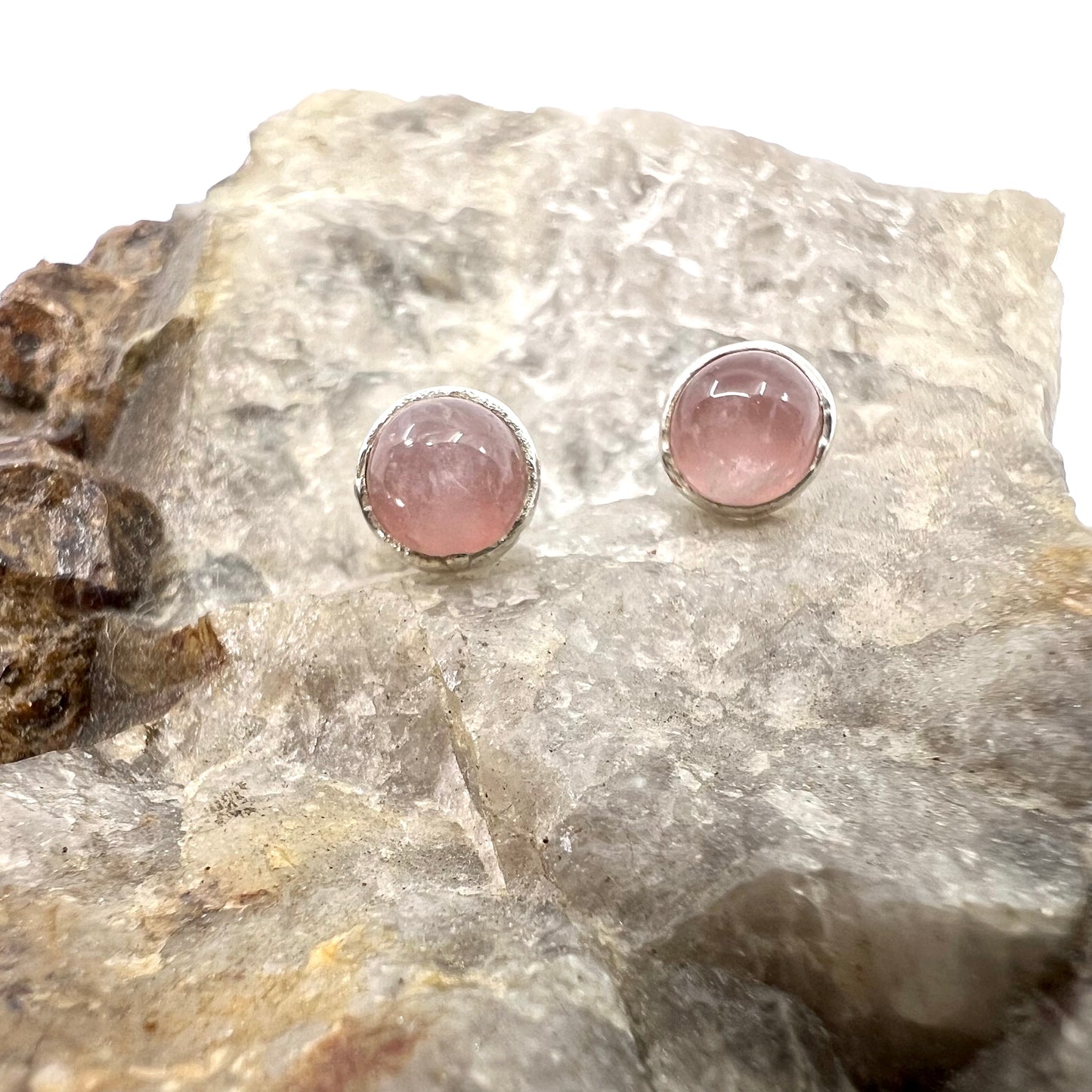 Rose Quartz Stud Earrings, Silver Plated - Copper Electroformed