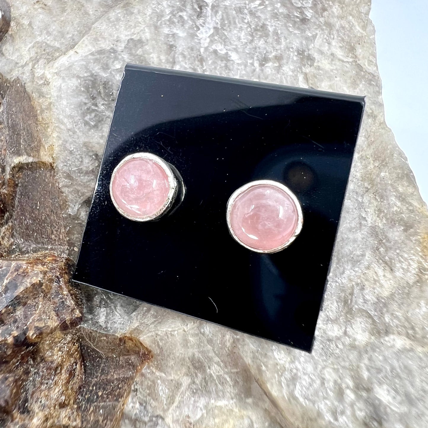 Rose Quartz Stud Earrings, Silver Plated - Copper Electroformed