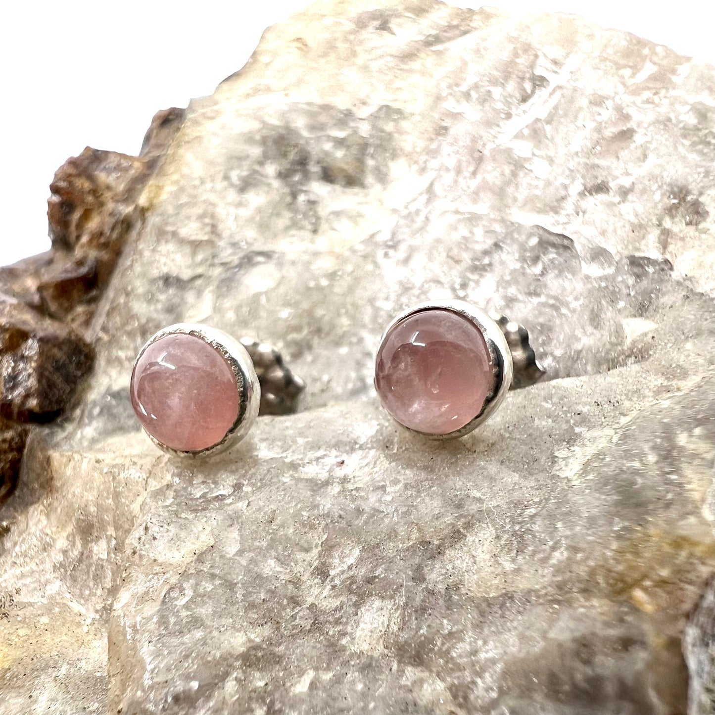 Rose Quartz Stud Earrings, Silver Plated - Copper Electroformed