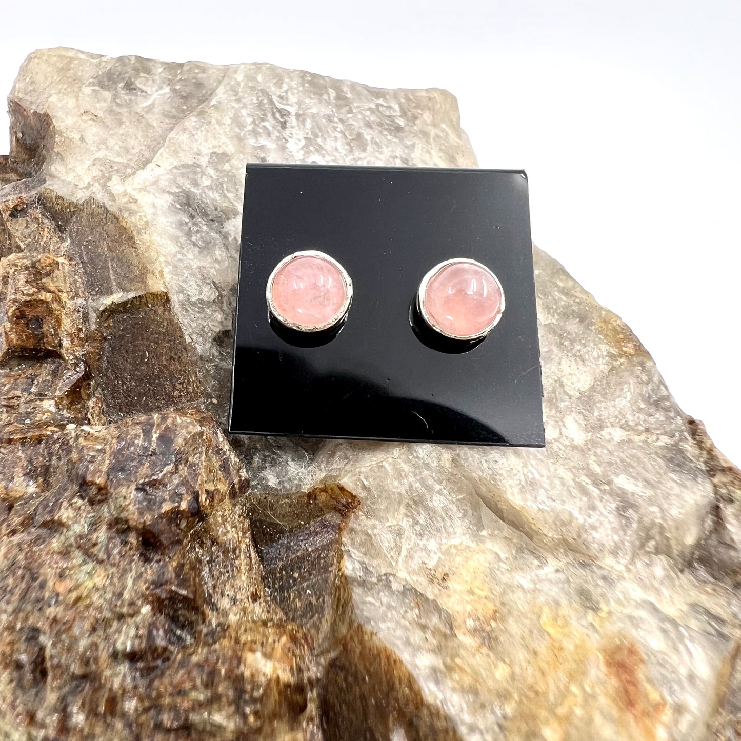 Rose Quartz Stud Earrings, Silver Plated - Copper Electroformed