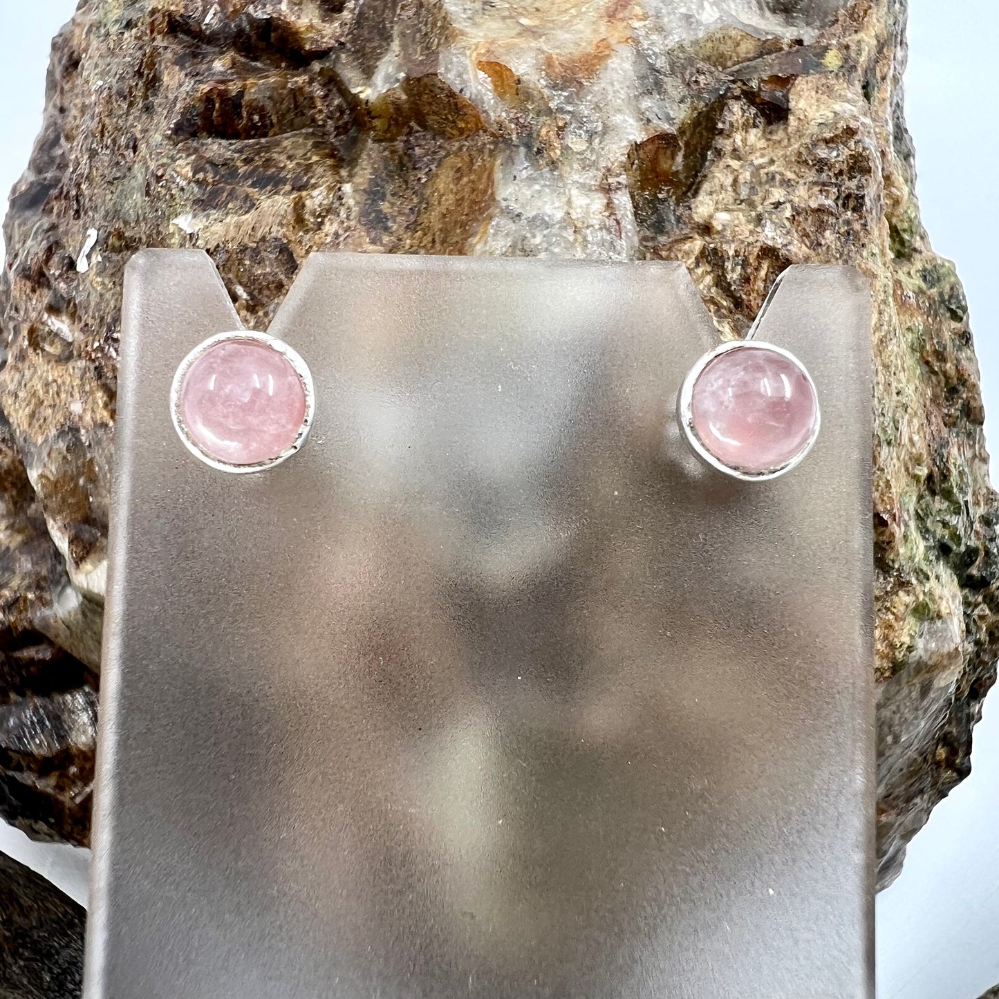 Rose Quartz Stud Earrings, Silver Plated - Copper Electroformed