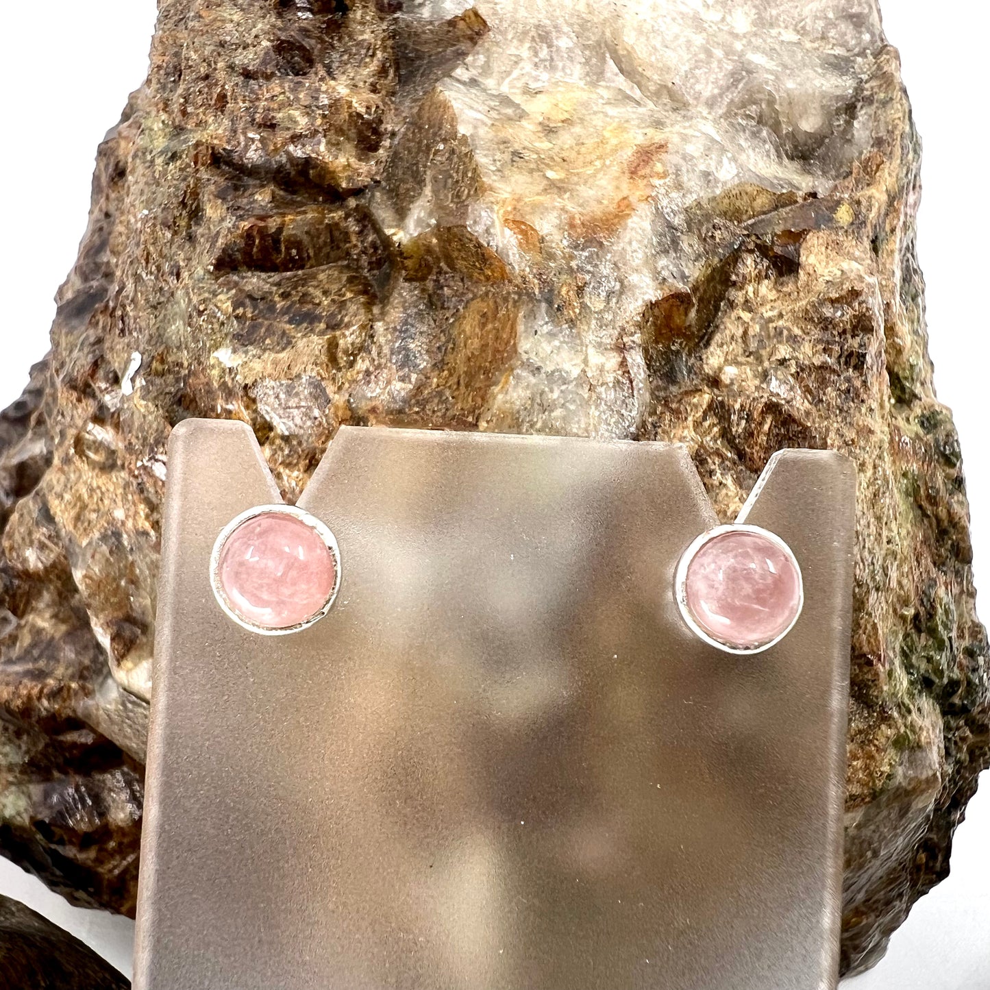 Rose Quartz Stud Earrings, Silver Plated - Copper Electroformed