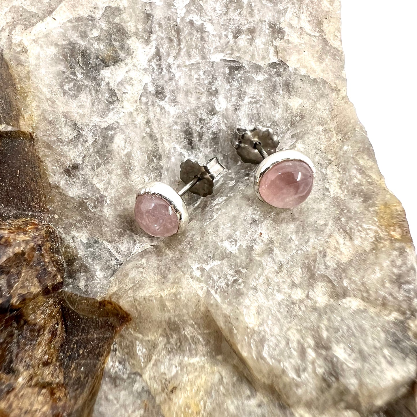 Rose Quartz Stud Earrings, Silver Plated - Copper Electroformed