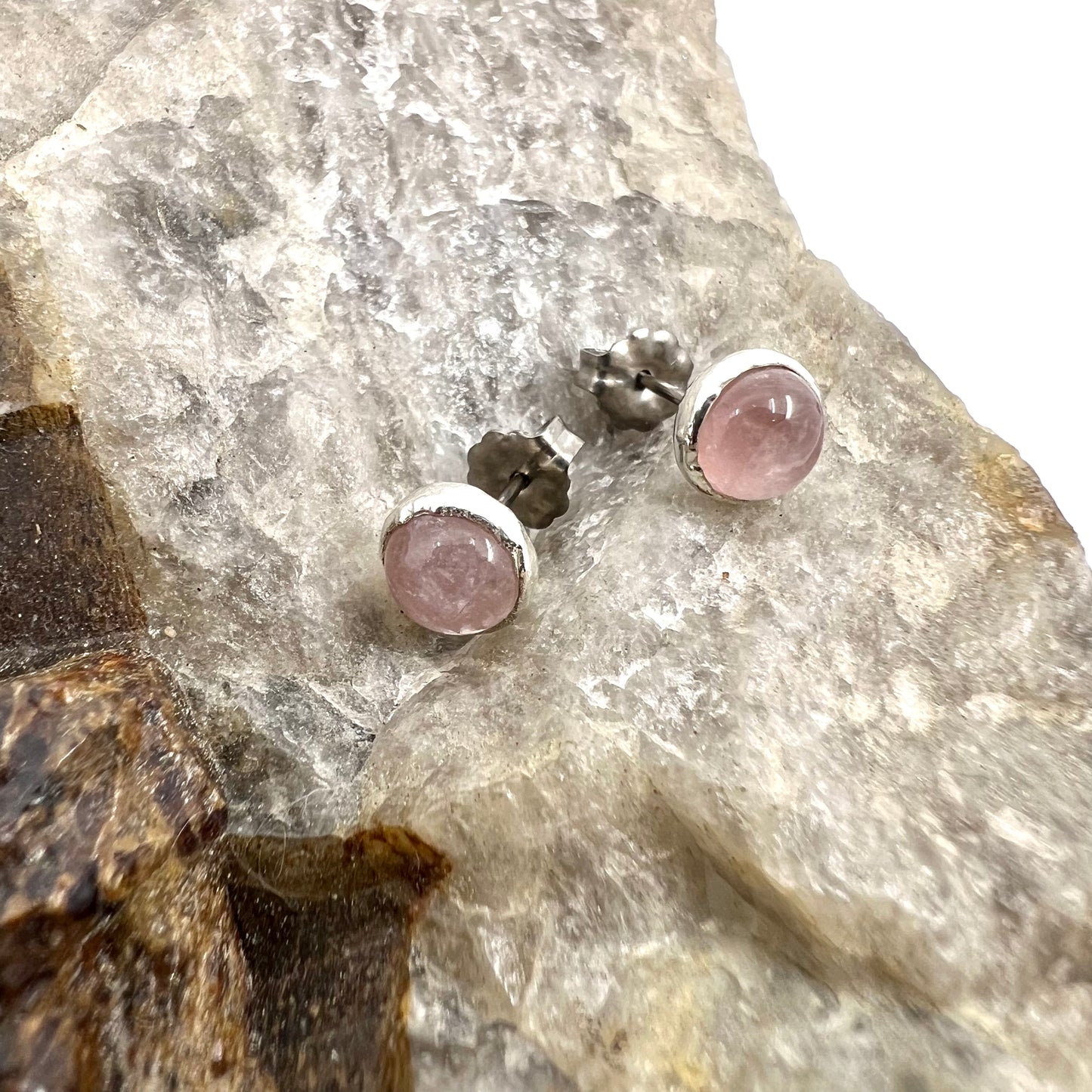 Rose Quartz Stud Earrings, Silver Plated - Copper Electroformed