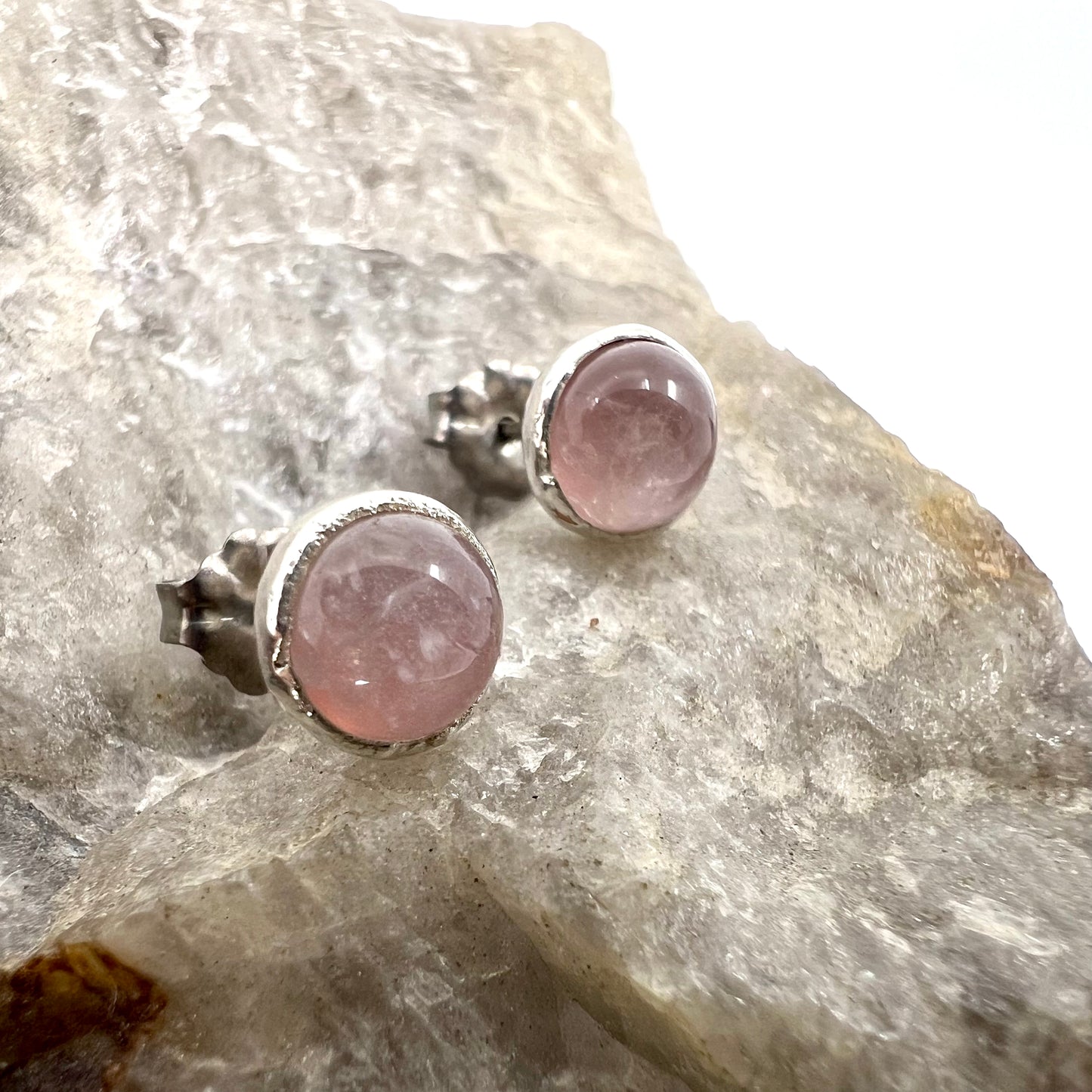 Rose Quartz Stud Earrings, Silver Plated - Copper Electroformed