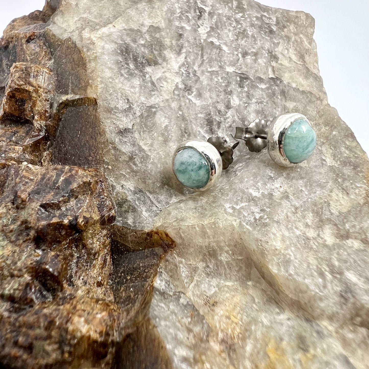 Amazonite Stud Earrings, Silver Plated - Copper Electroformed