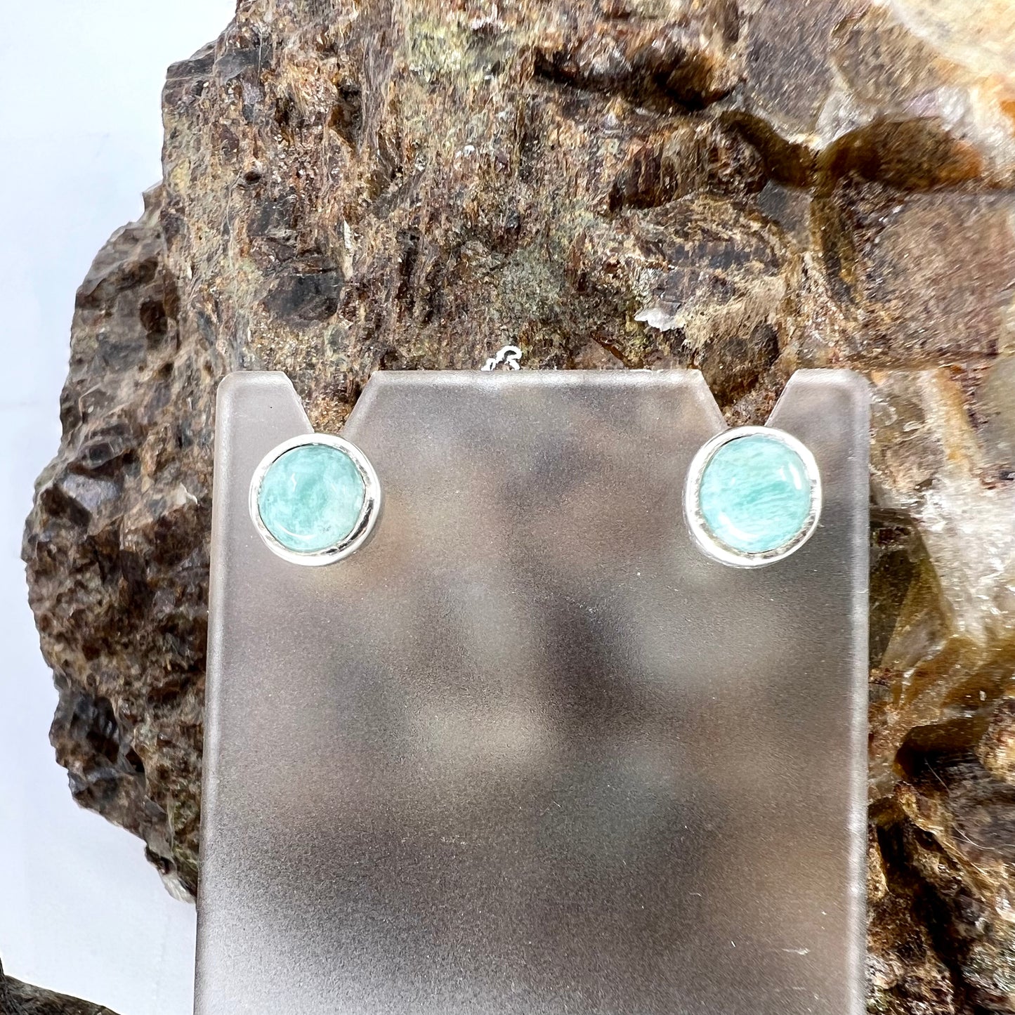 Amazonite Stud Earrings, Silver Plated - Copper Electroformed