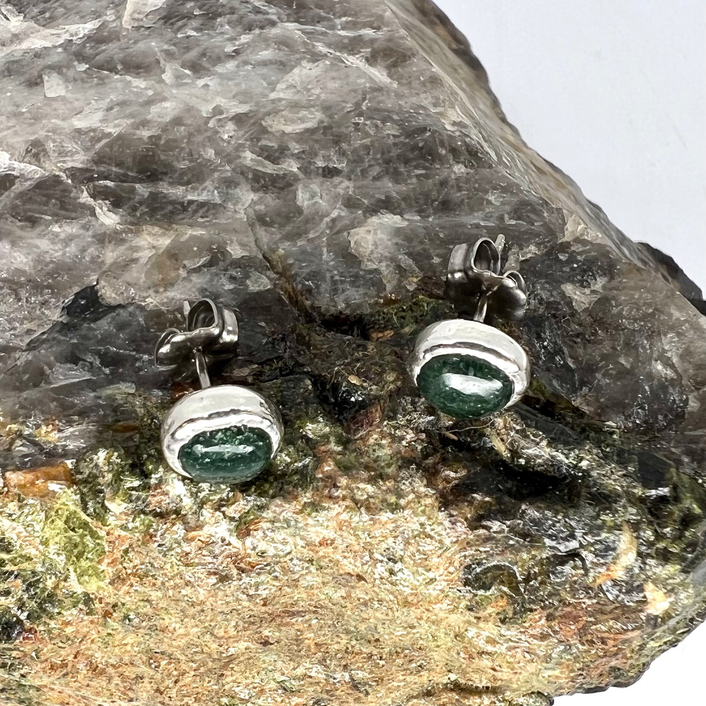 Moss Agate Stud Earrings, Silver Plated - Copper Electroformed