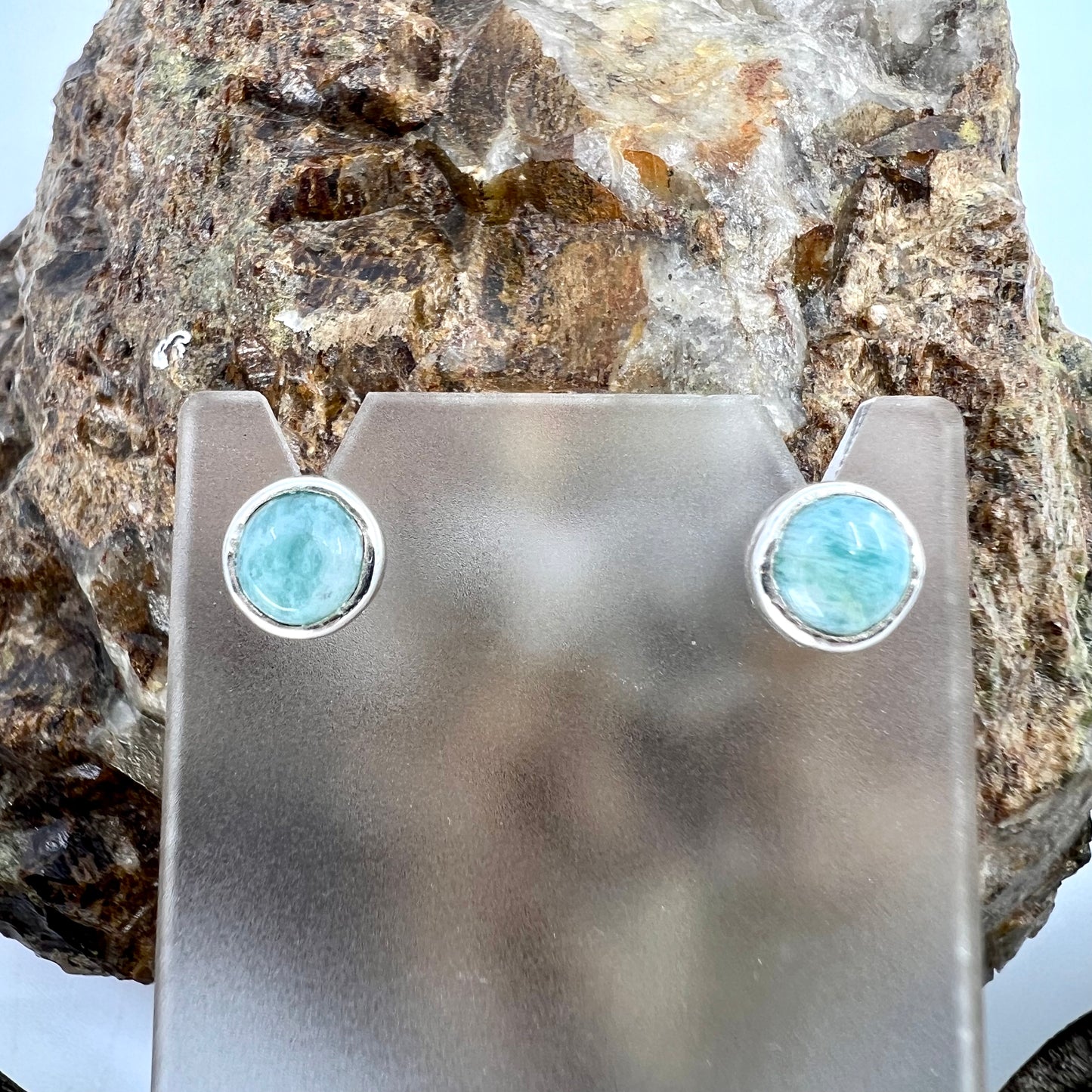 Amazonite Stud Earrings, Silver Plated - Copper Electroformed