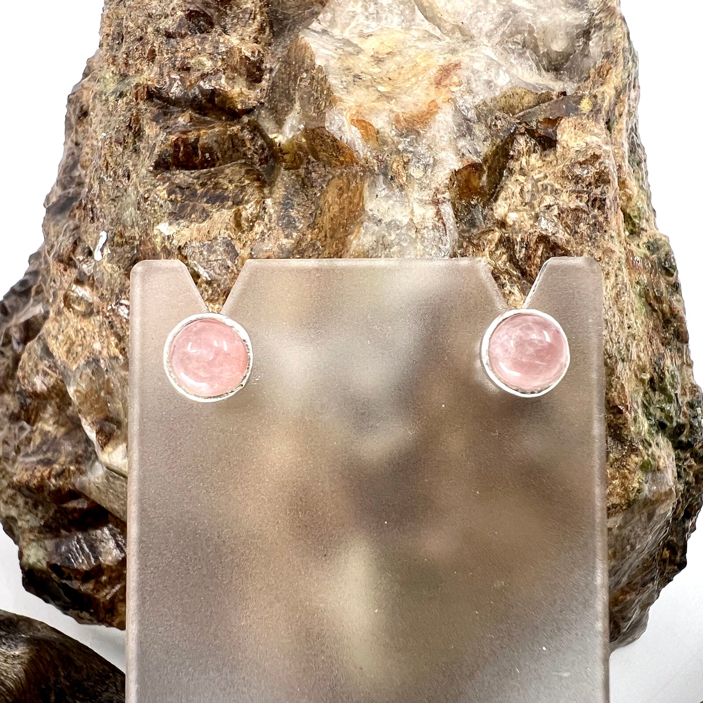 Rose Quartz Stud Earrings, Silver Plated - Copper Electroformed