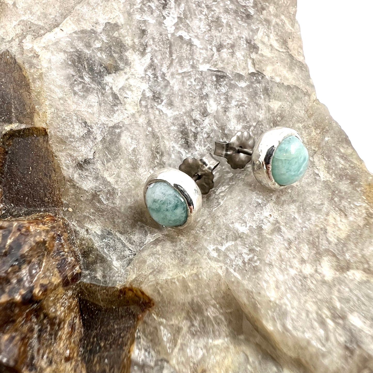 Amazonite Stud Earrings, Silver Plated - Copper Electroformed