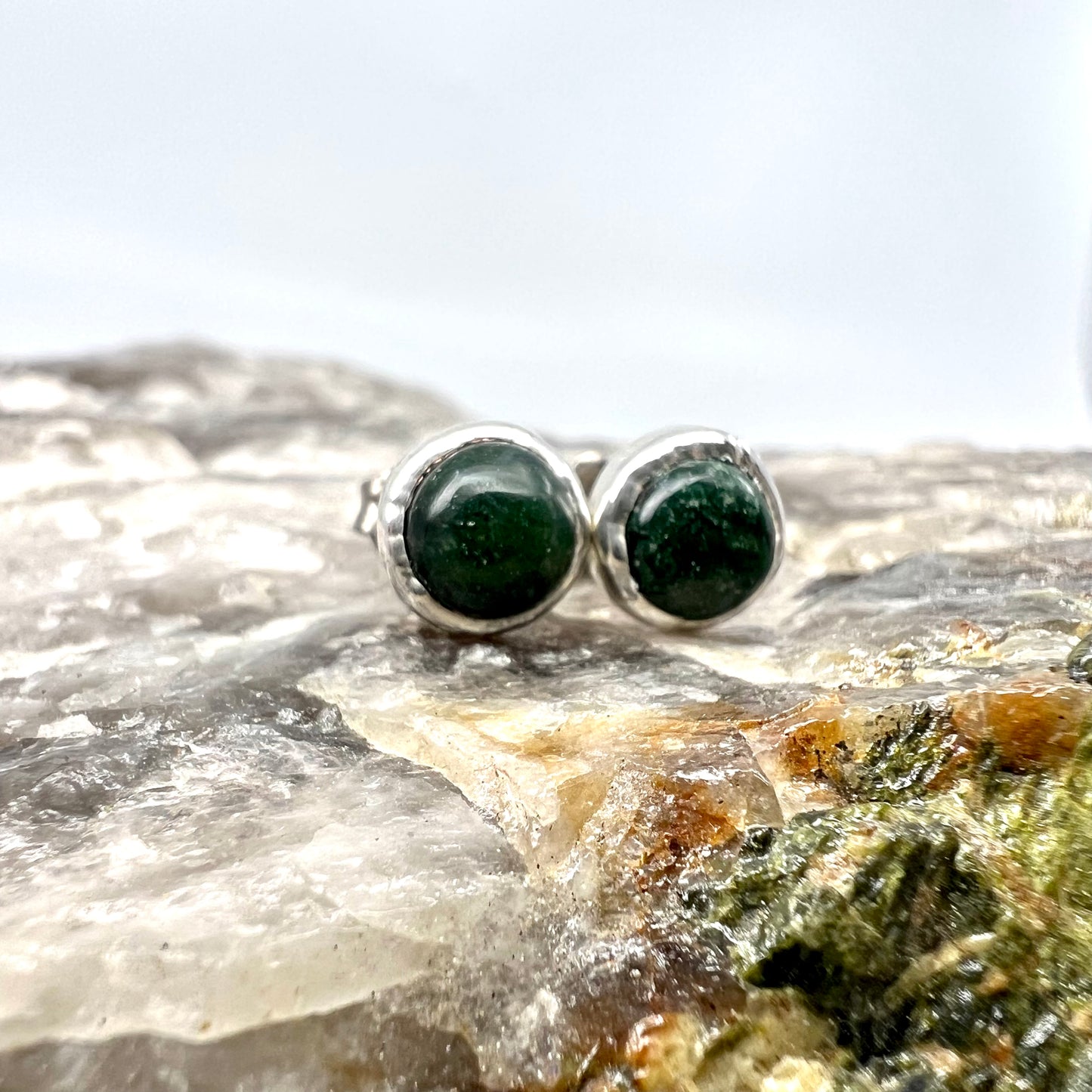 Moss Agate Stud Earrings, Silver Plated - Copper Electroformed